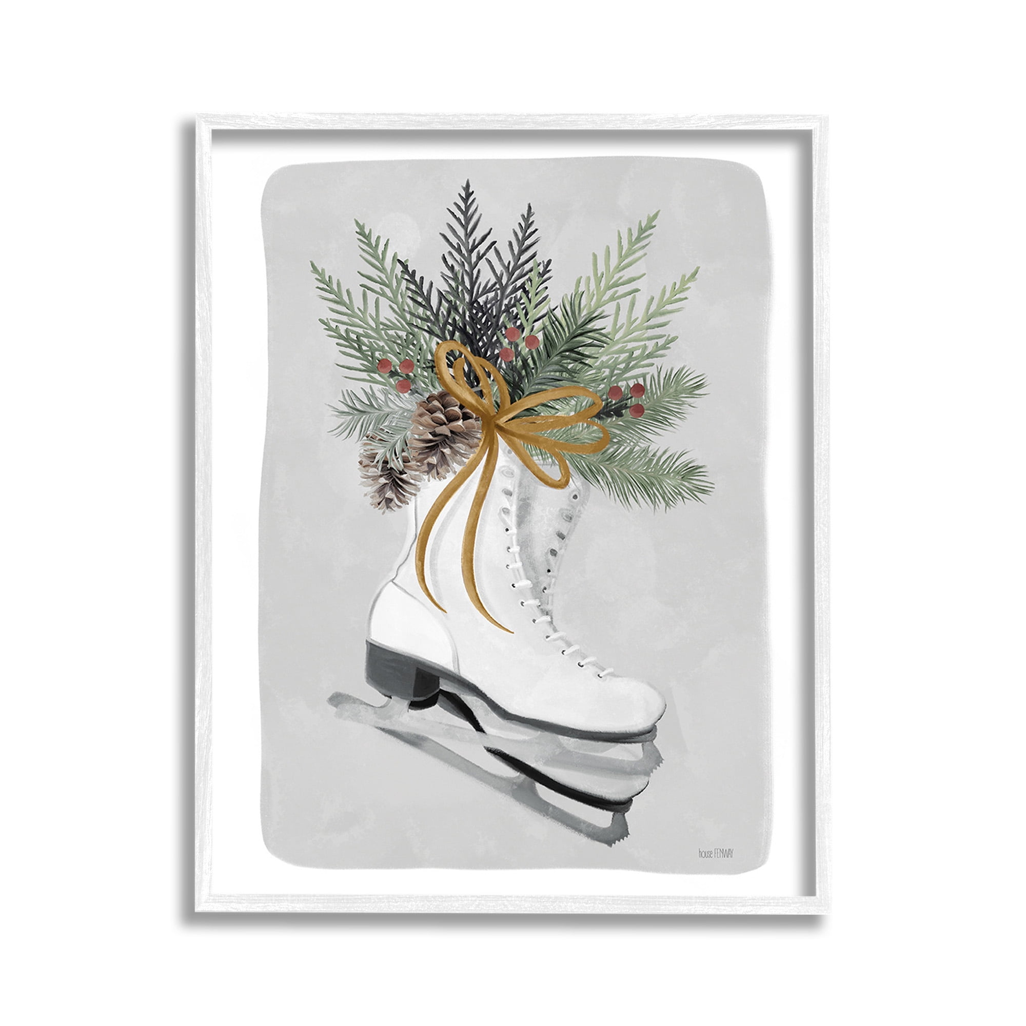 Stupell Industries Winter Skates & Pinecone Botanical & Floral Painting White Framed Art Print Wall Art, 11 x 14