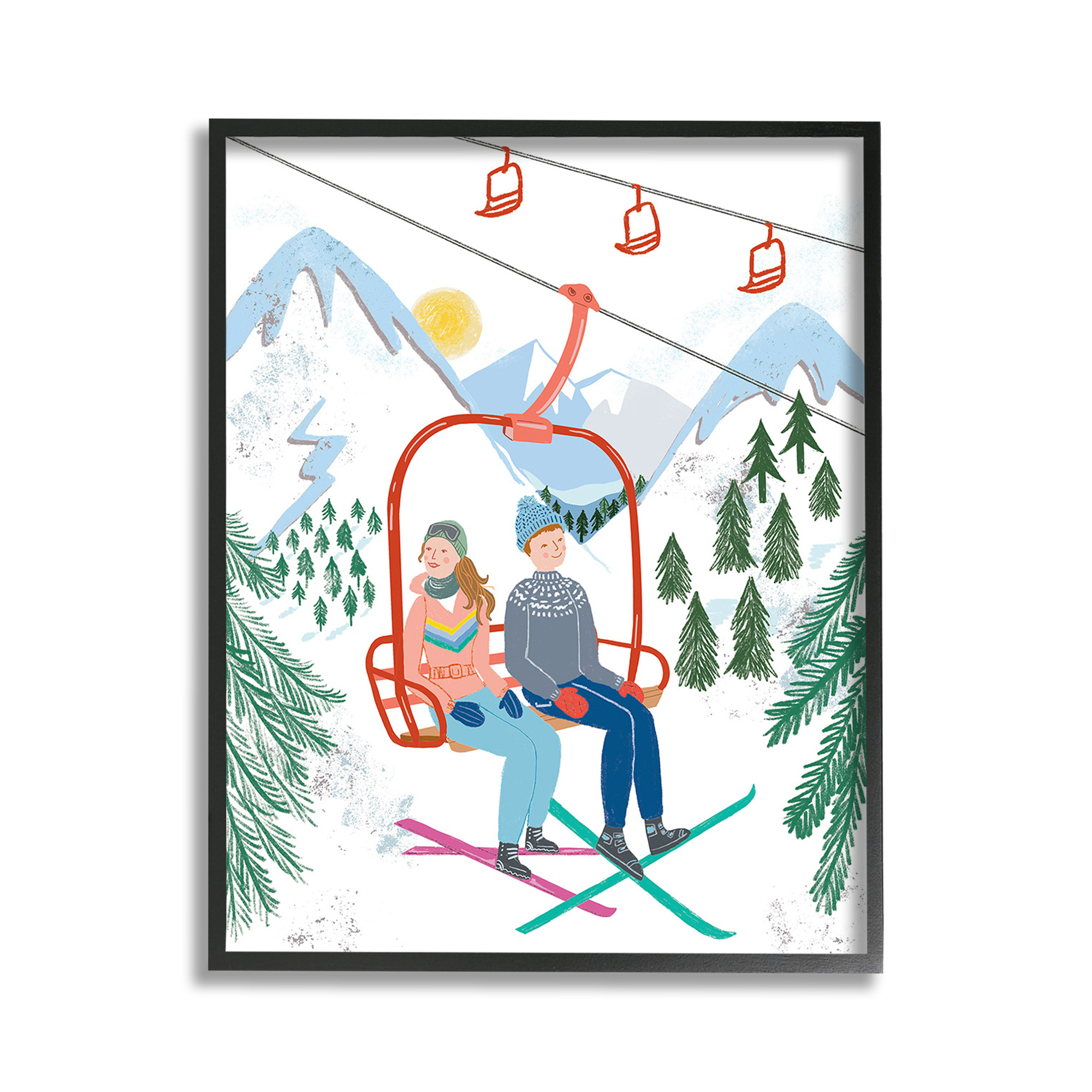 Stupell Industries Winter Ski Lift Friends Sports Painting Black Framed Art Print Wall Art, 11 x 14