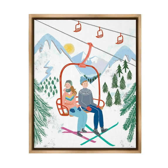 Stupell Industries Winter Ski Lift Friends Sports Painting Brown Floater Framed Canvas Art Print Wall Art, 25 x 31