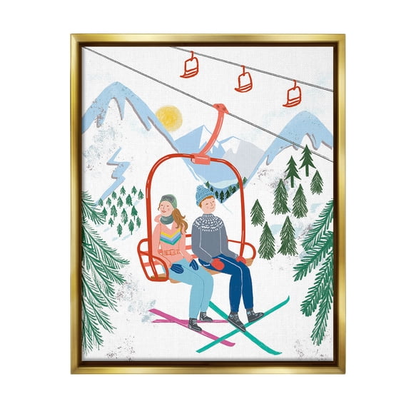 Stupell Industries Winter Ski Lift Friends Sports Painting Gold Floater Framed Canvas Art Print Wall Art, 17 x 21