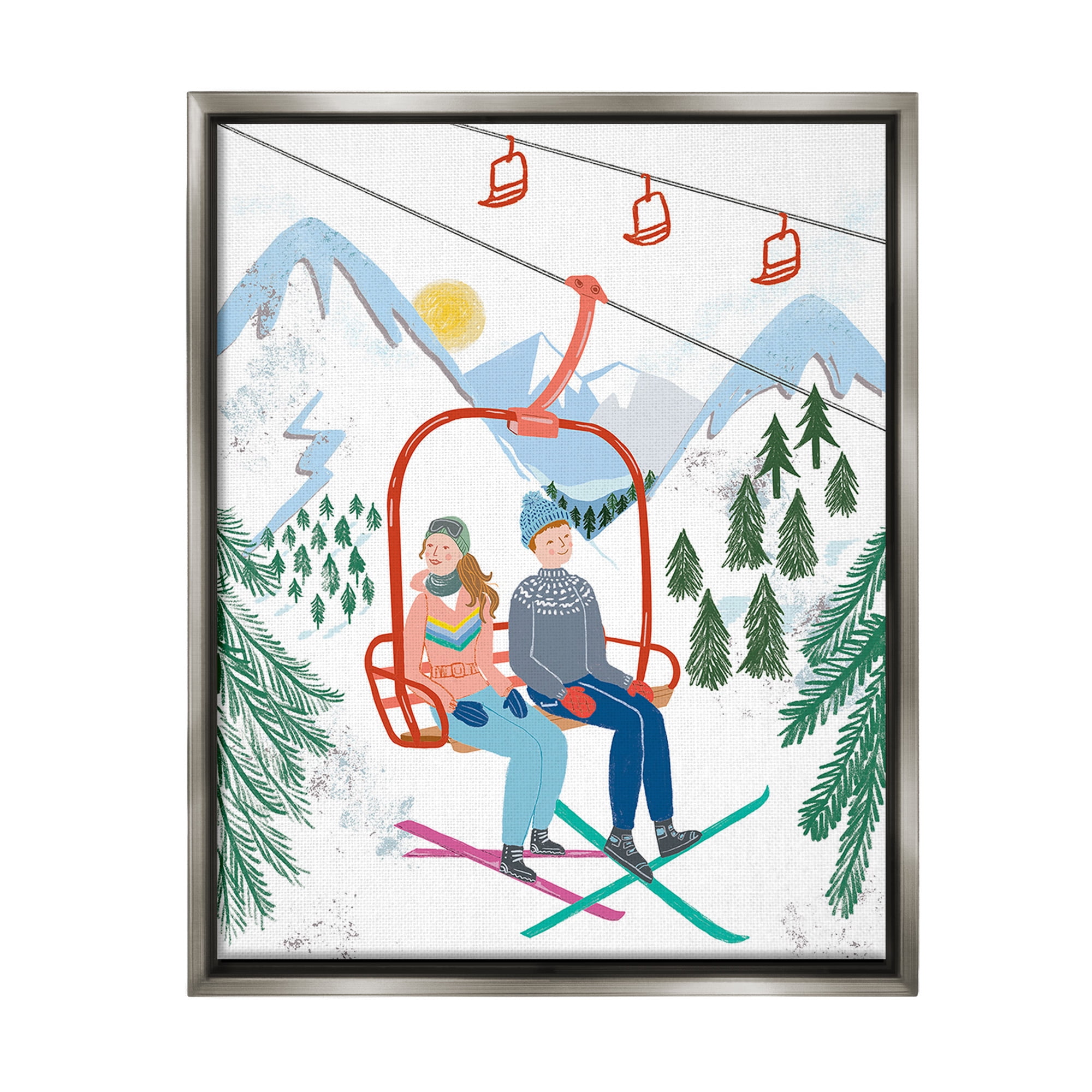 Stupell Industries Winter Ski Lift Friends Sports Painting Gray Floater Framed Canvas Art Print Wall Art, 17 x 21
