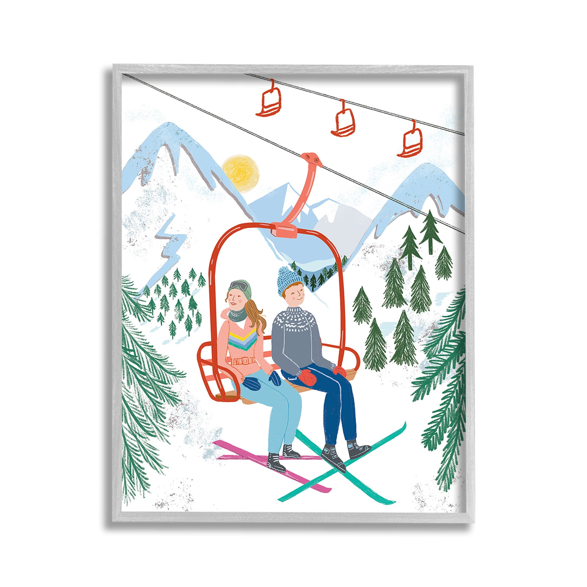 Stupell Industries Winter Ski Lift Friends Sports Painting Gray Framed Art Print Wall Art, 11 x 14