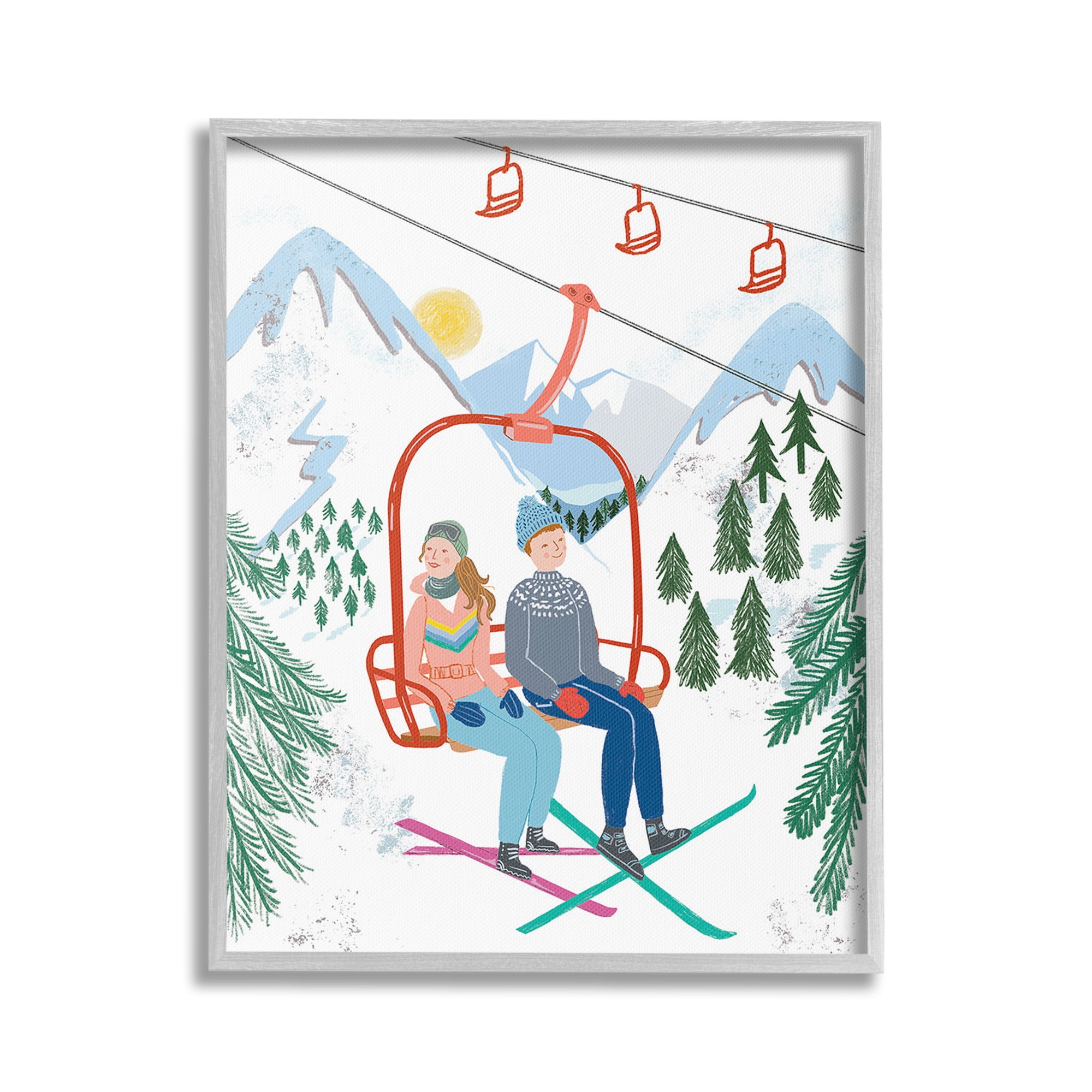 Stupell Industries Winter Ski Lift Friends Sports Painting Gray Framed Art Print Wall Art, 16 x 20