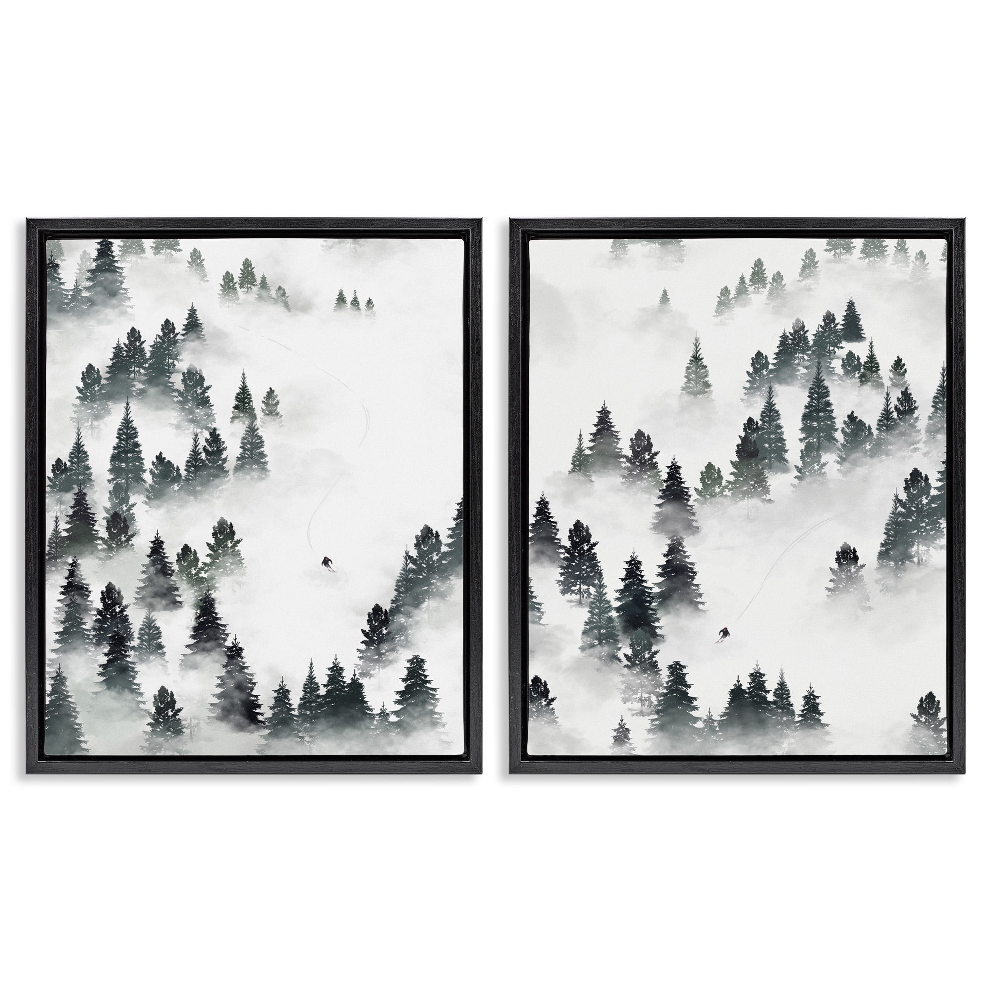 Stupell Industries Winter Ski Slopes Mountain Landscape Painting Black Floater Framed Canvas Art Print Wall Art, 25 x 31, Set of 2