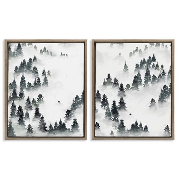 Stupell Industries Winter Ski Slopes Mountain Landscape Painting Brown Floater Framed Canvas Art Print Wall Art, 17 x 21, Set of 2