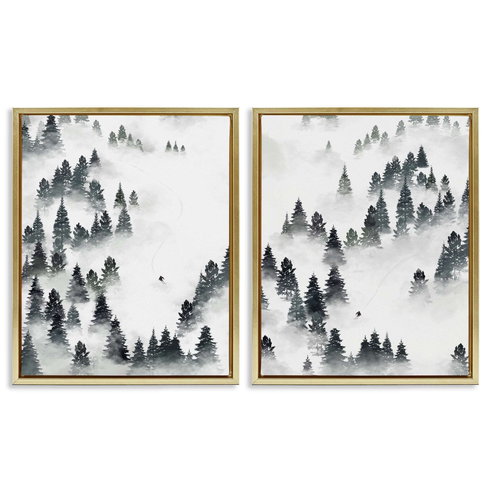 Stupell Industries Winter Ski Slopes Mountain Landscape Painting Gold Floater Framed Canvas Art Print Wall Art, 17 x 21, Set of 2