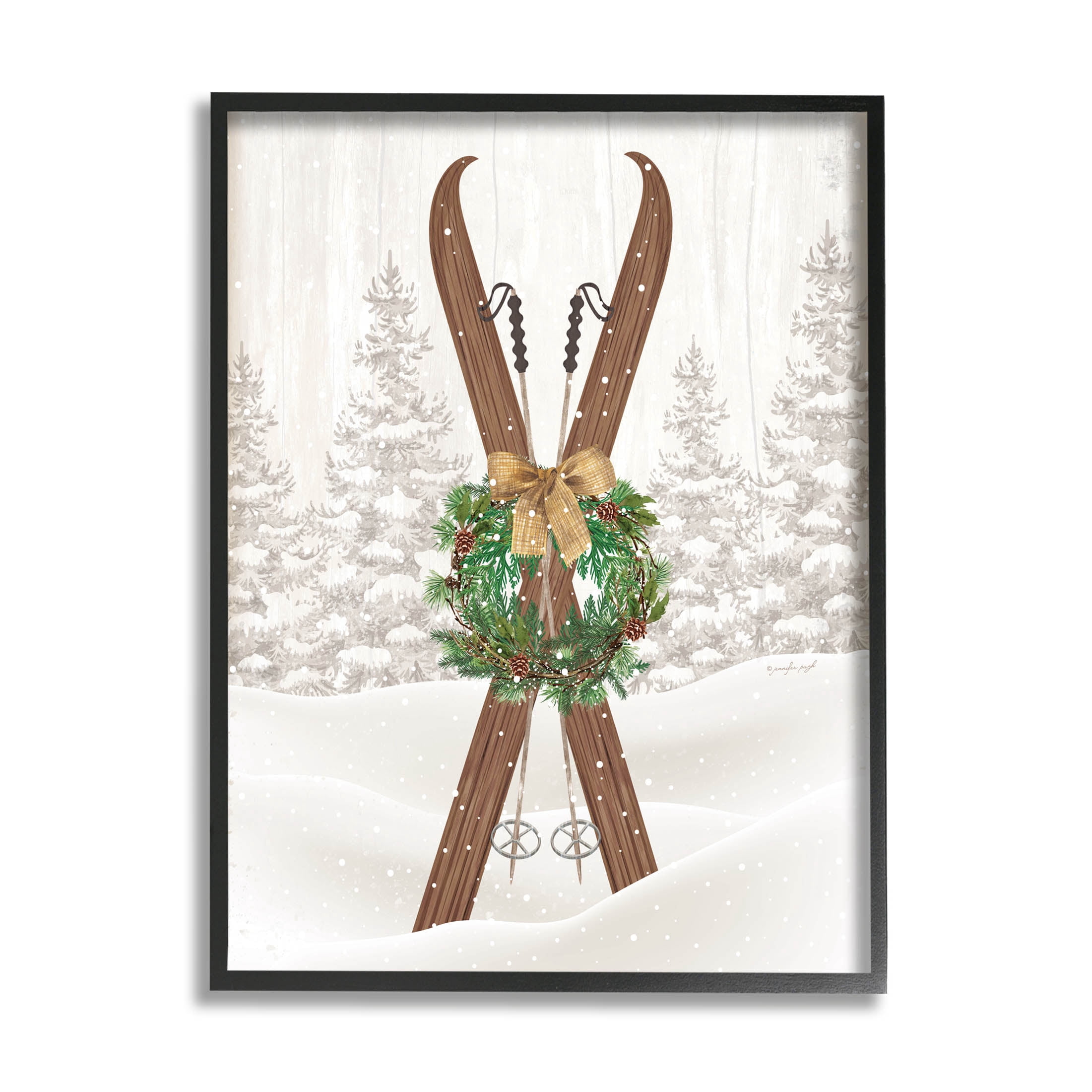 Stupell Industries Winter Skis Holiday Wreath Graphic Art Black Framed Art Print Wall Art, Design by Jennifer Pugh