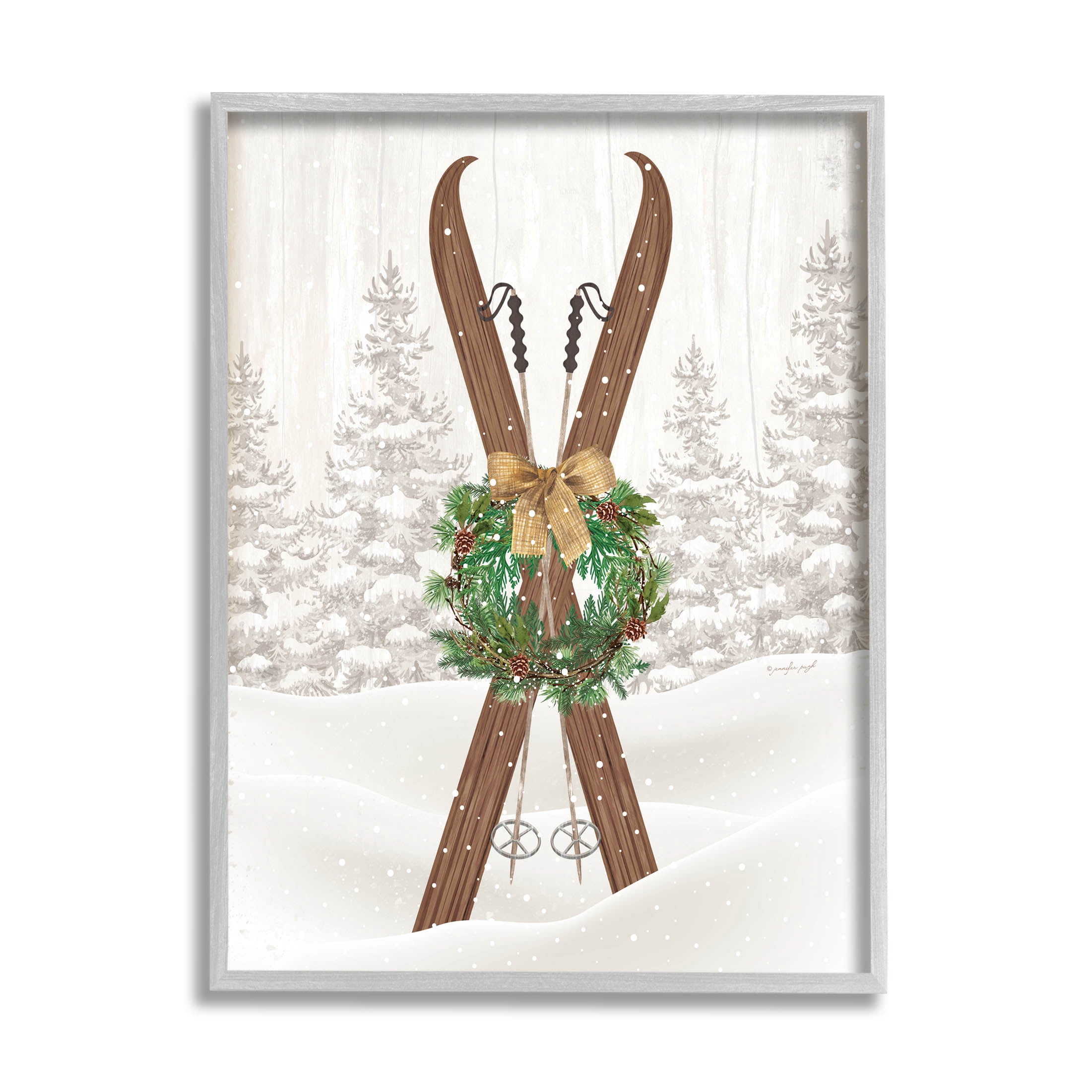 Stupell Industries Winter Skis Holiday Wreath Graphic Art Gray Framed Art Print Wall Art, Design by Jennifer Pugh