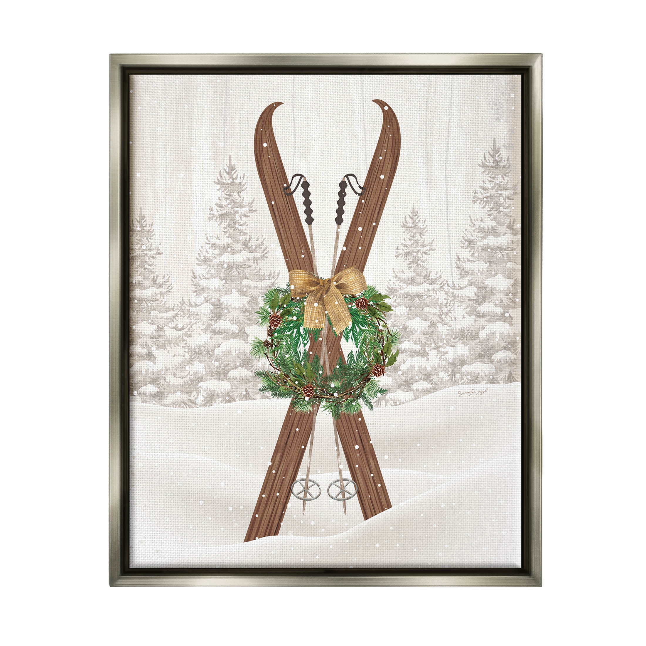 Stupell Industries Winter Skis Holiday Wreath Graphic Art Luster Gray Floating Framed Canvas Print Wall Art, Design by Jennifer Pugh