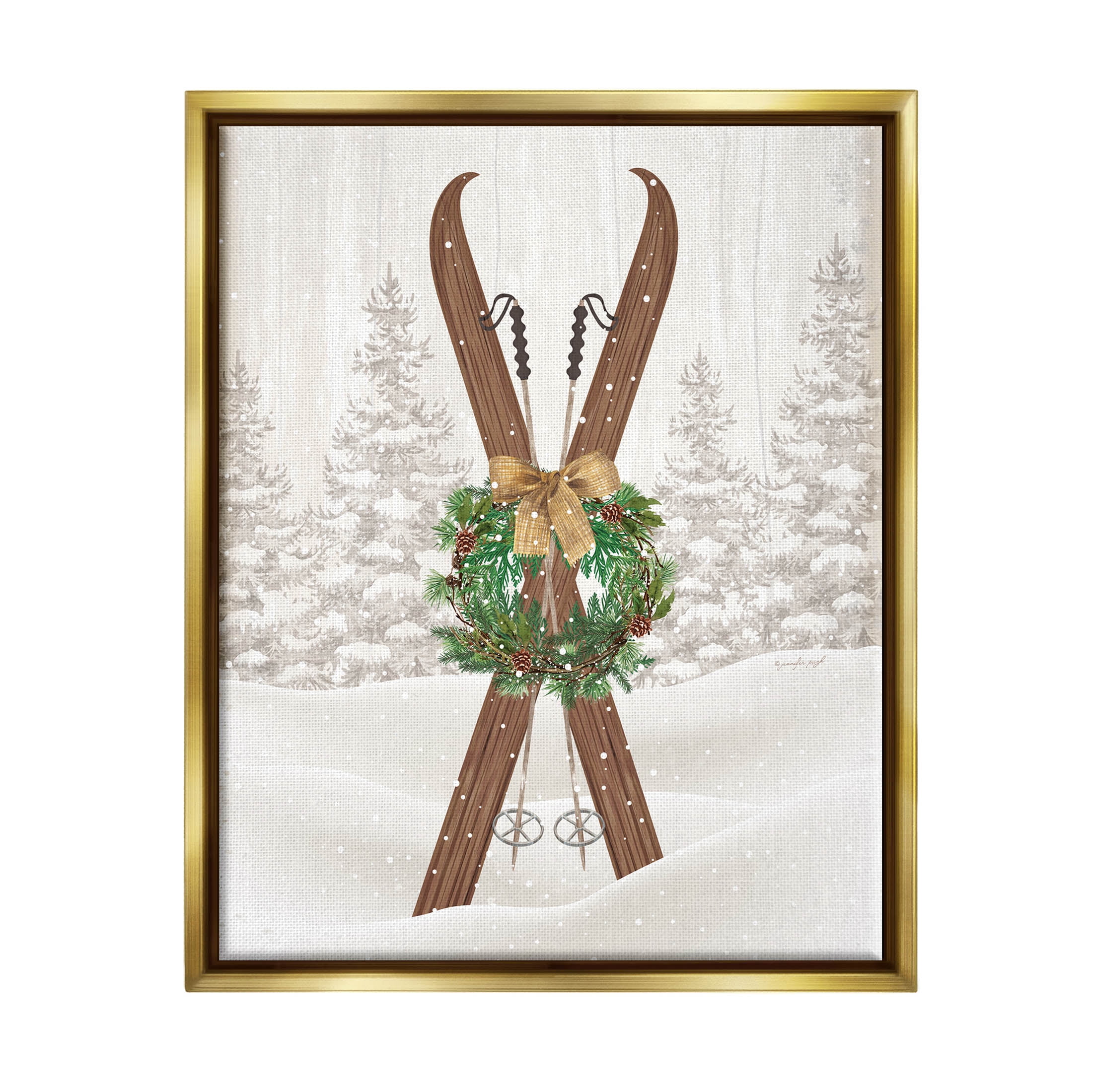 Stupell Industries Winter Skis Holiday Wreath Graphic Art Metallic Gold Floating Framed Canvas Print Wall Art, Design by Jennifer Pugh