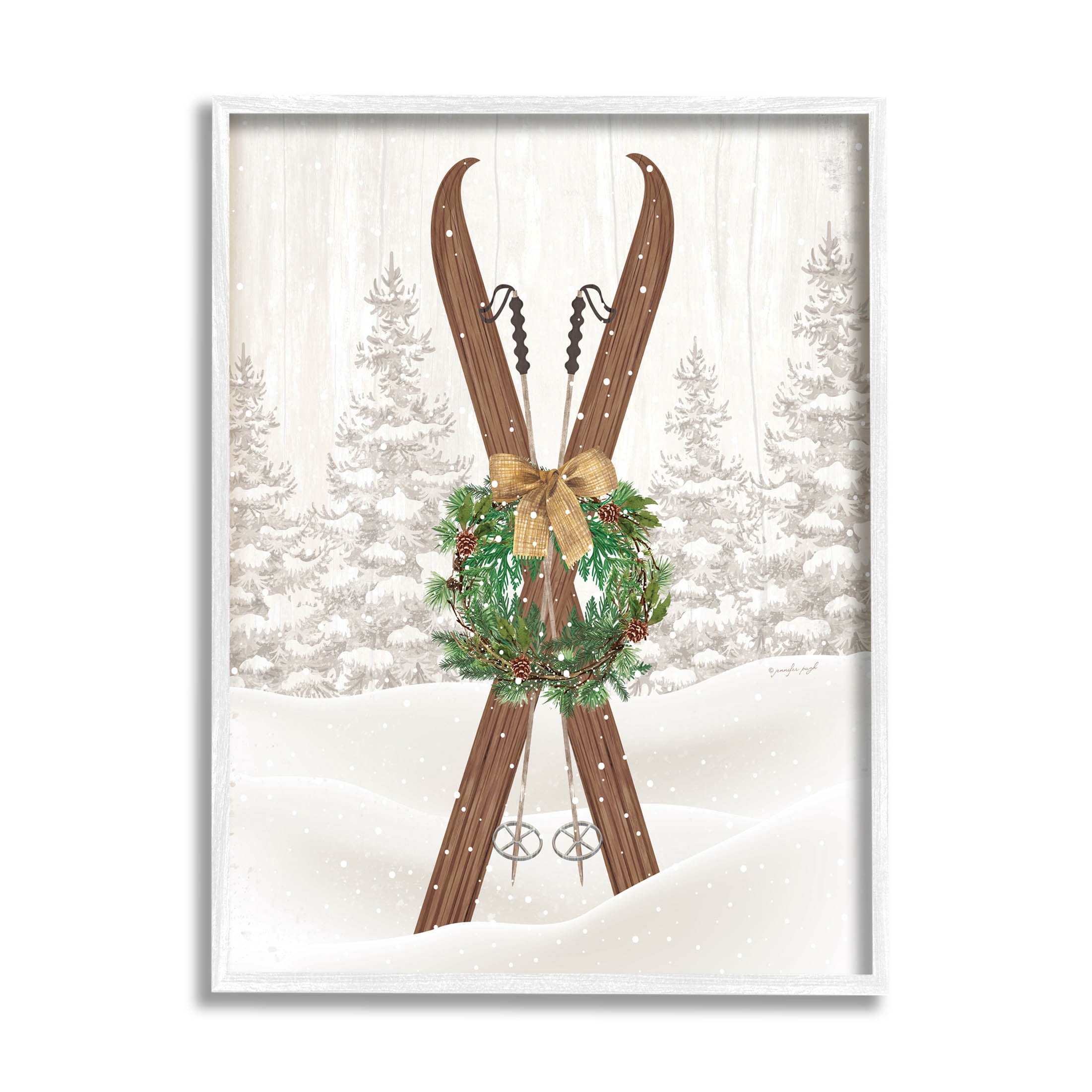 Stupell Industries Winter Skis Holiday Wreath Graphic Art White Framed Art Print Wall Art, Design by Jennifer Pugh