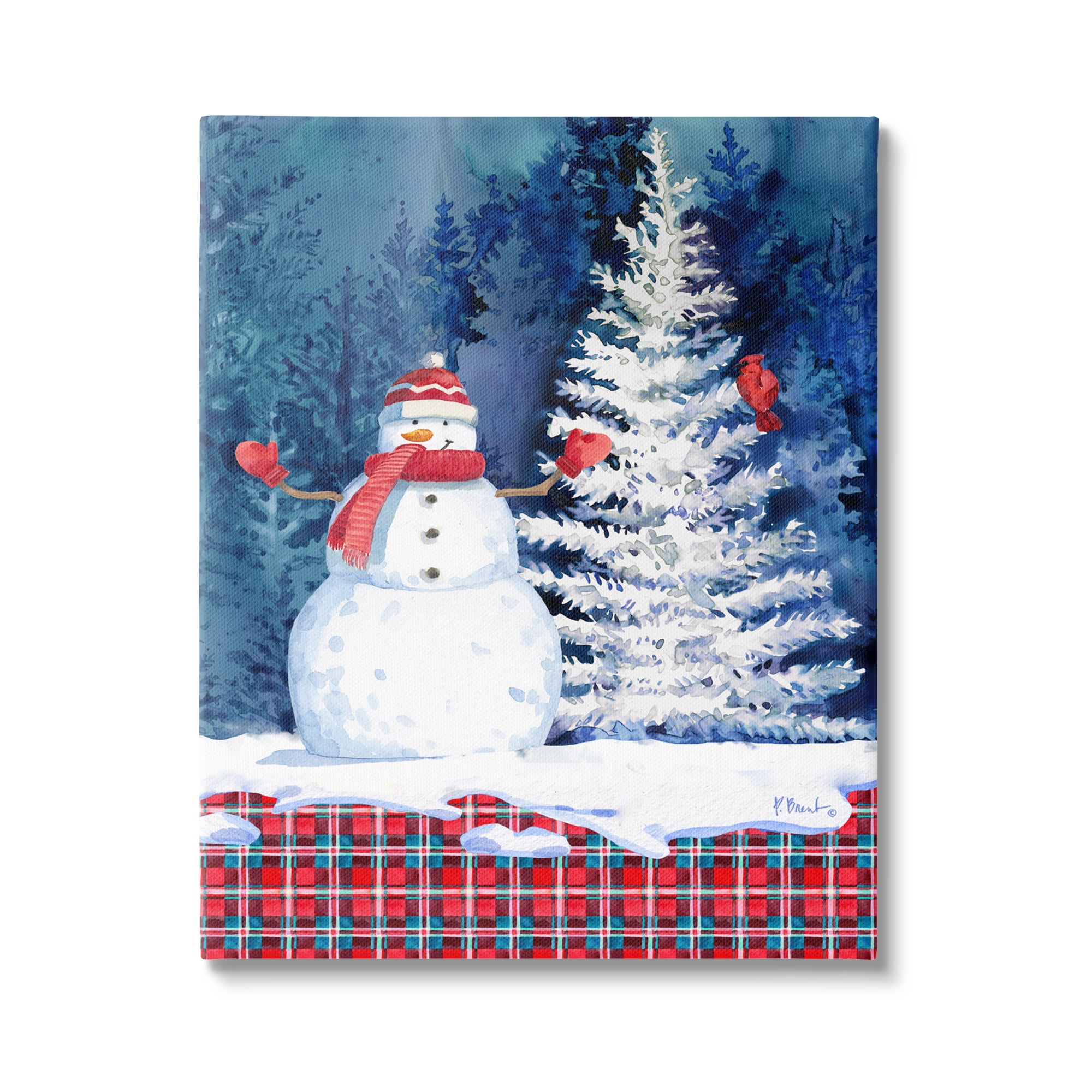 Stupell Industries Winter Snowman on Plaid Holiday Painting Gallery Wrapped Canvas Print Wall Art, 16 x 20