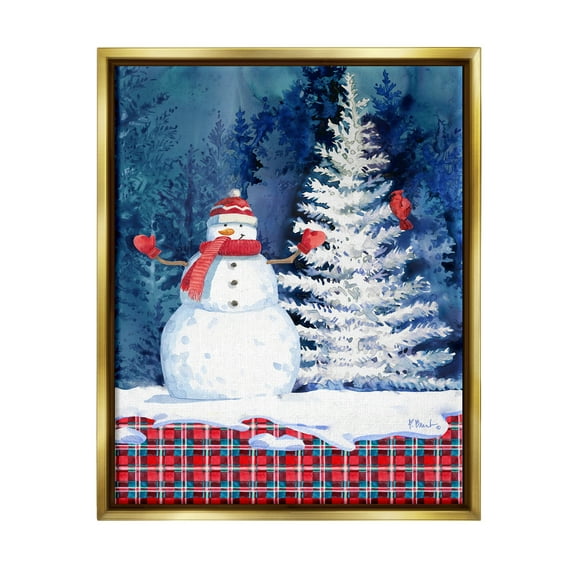 Stupell Industries Winter Snowman on Plaid Holiday Painting Gold Floater Framed Art Print Wall Art, 17 x 21