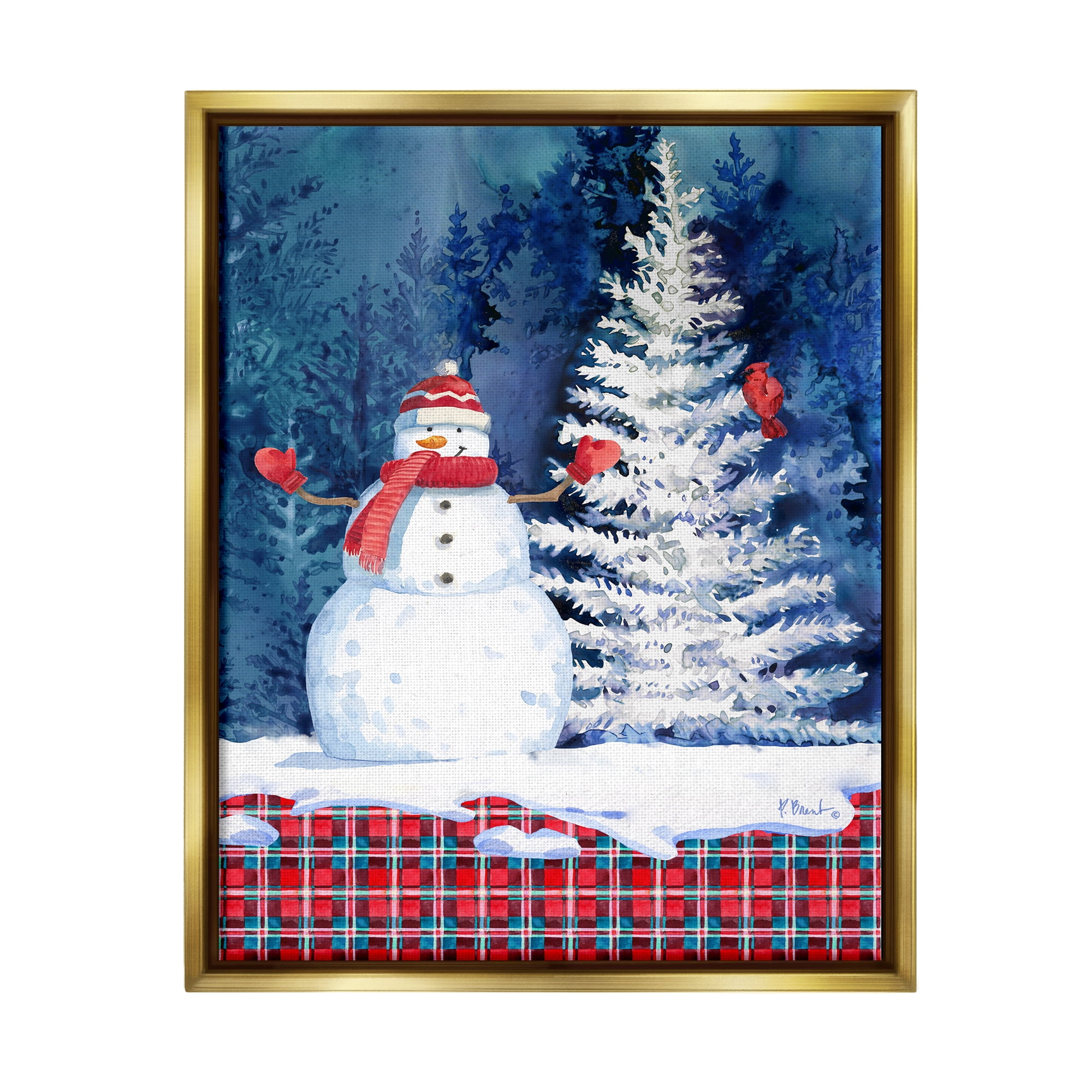 Stupell Industries Winter Snowman on Plaid Holiday Painting Gold Floater Framed Art Print Wall Art, 25 x 31