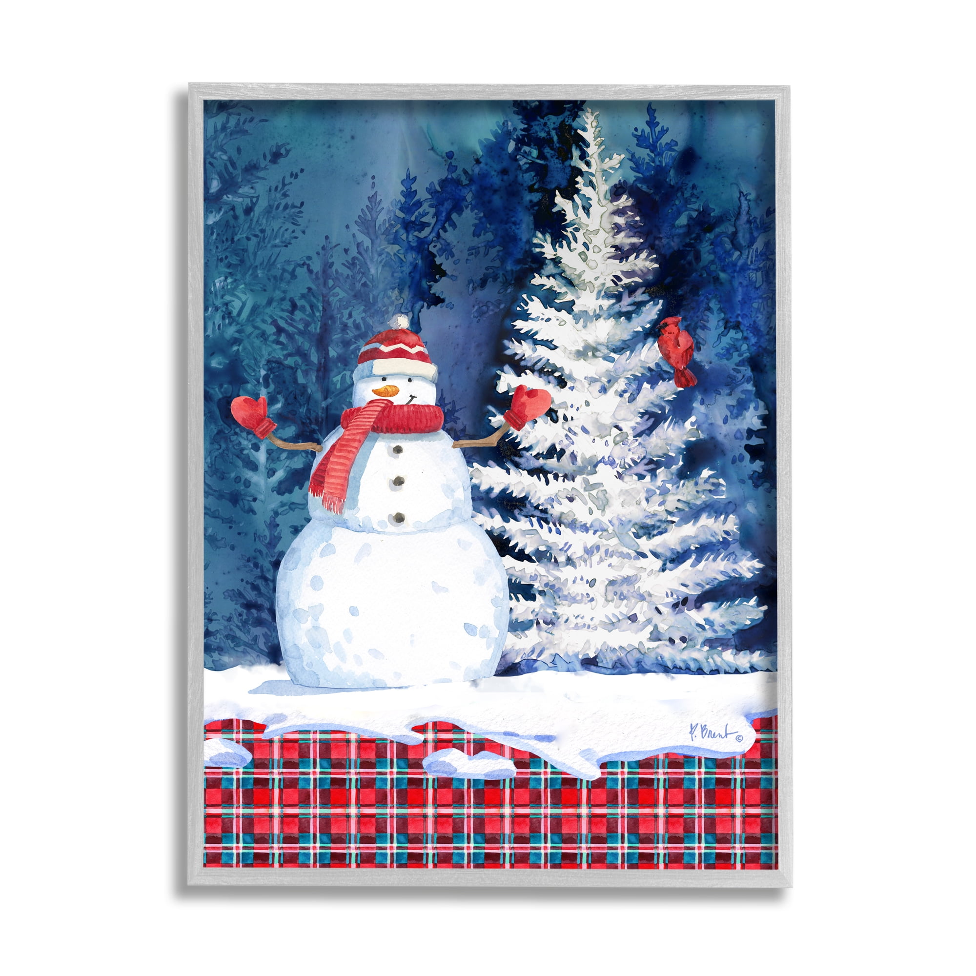 Stupell Industries Winter Snowman on Plaid Holiday Painting Gray Framed Art Print Wall Art, 11 x 14