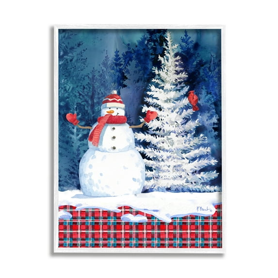Stupell Industries Winter Snowman on Plaid Holiday Painting White Framed Art Print Wall Art, 16 x 20