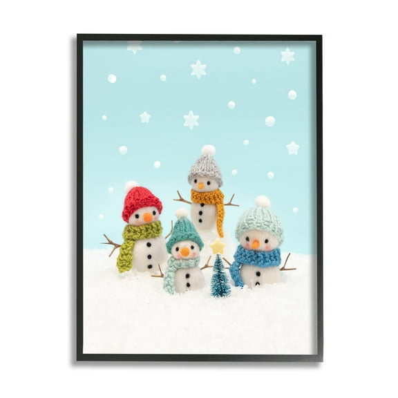 Stupell Industries Winter Snowmen Christmas Tree Holiday Photography Black Framed Art Print Wall Art
