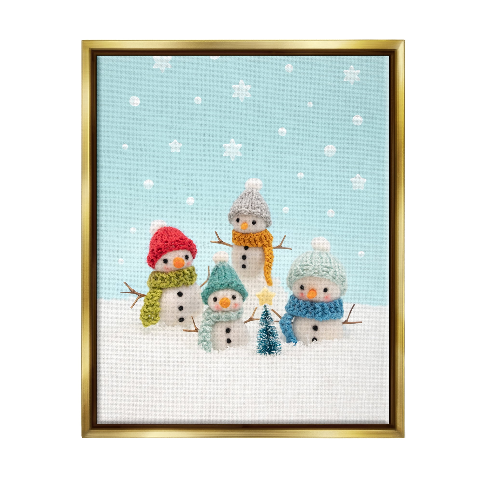 Stupell Industries Winter Snowmen Christmas Tree Holiday Photography Gold Floater Framed Art Print Wall Art
