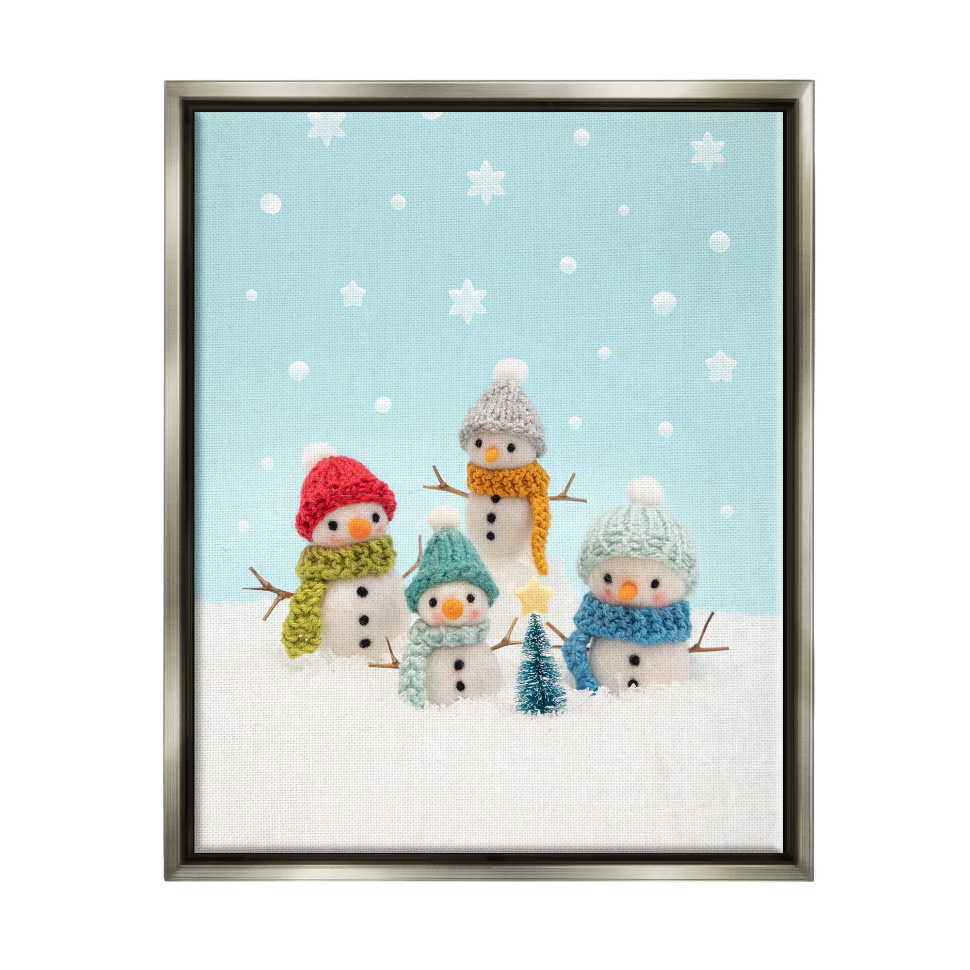 Stupell Industries Winter Snowmen Christmas Tree Holiday Photography Gray Floater Framed Art Print Wall Art