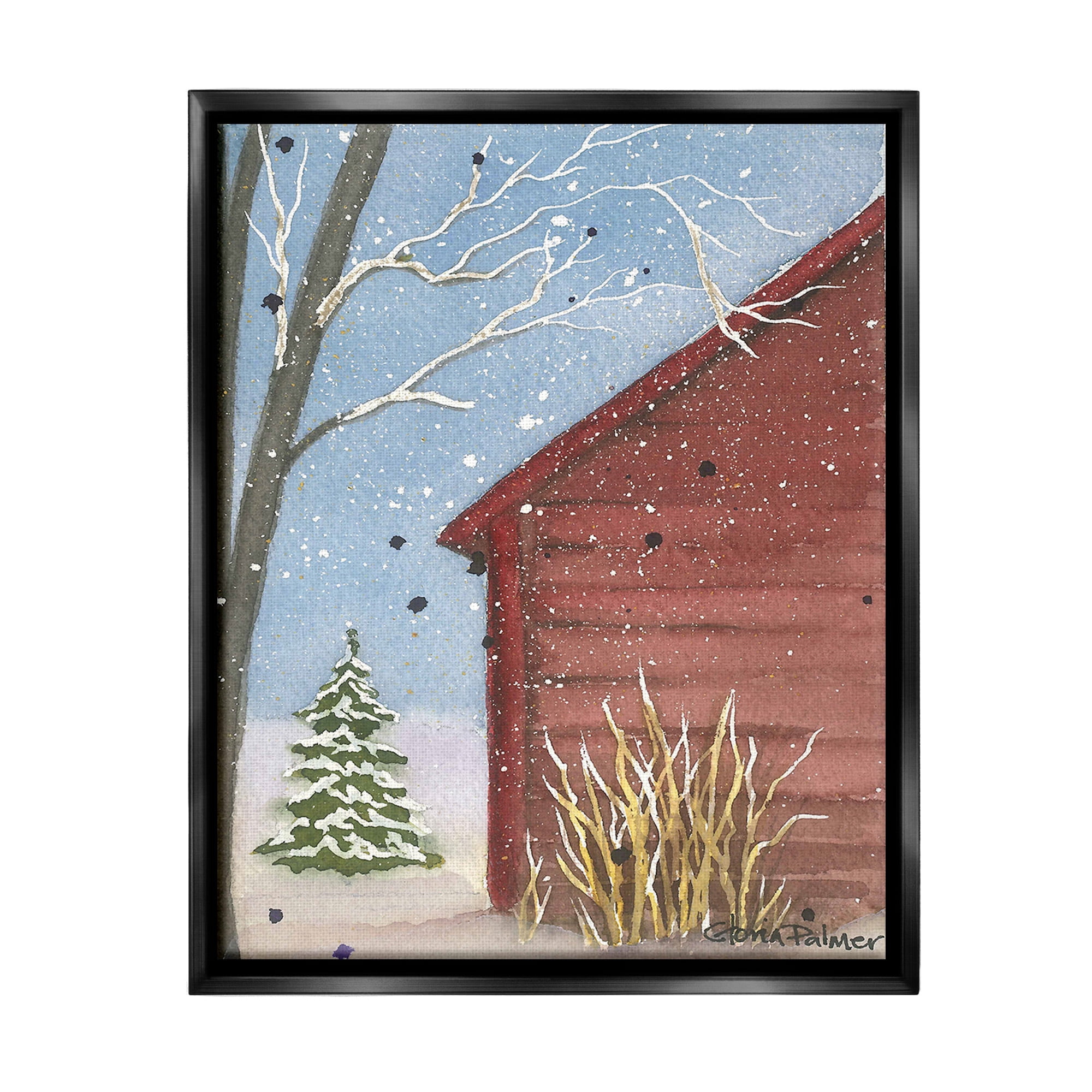 Stupell Industries Winter Snowy Cabin Holiday Painting Black Floater Framed Canvas Art Print Wall Art, 17 x 21