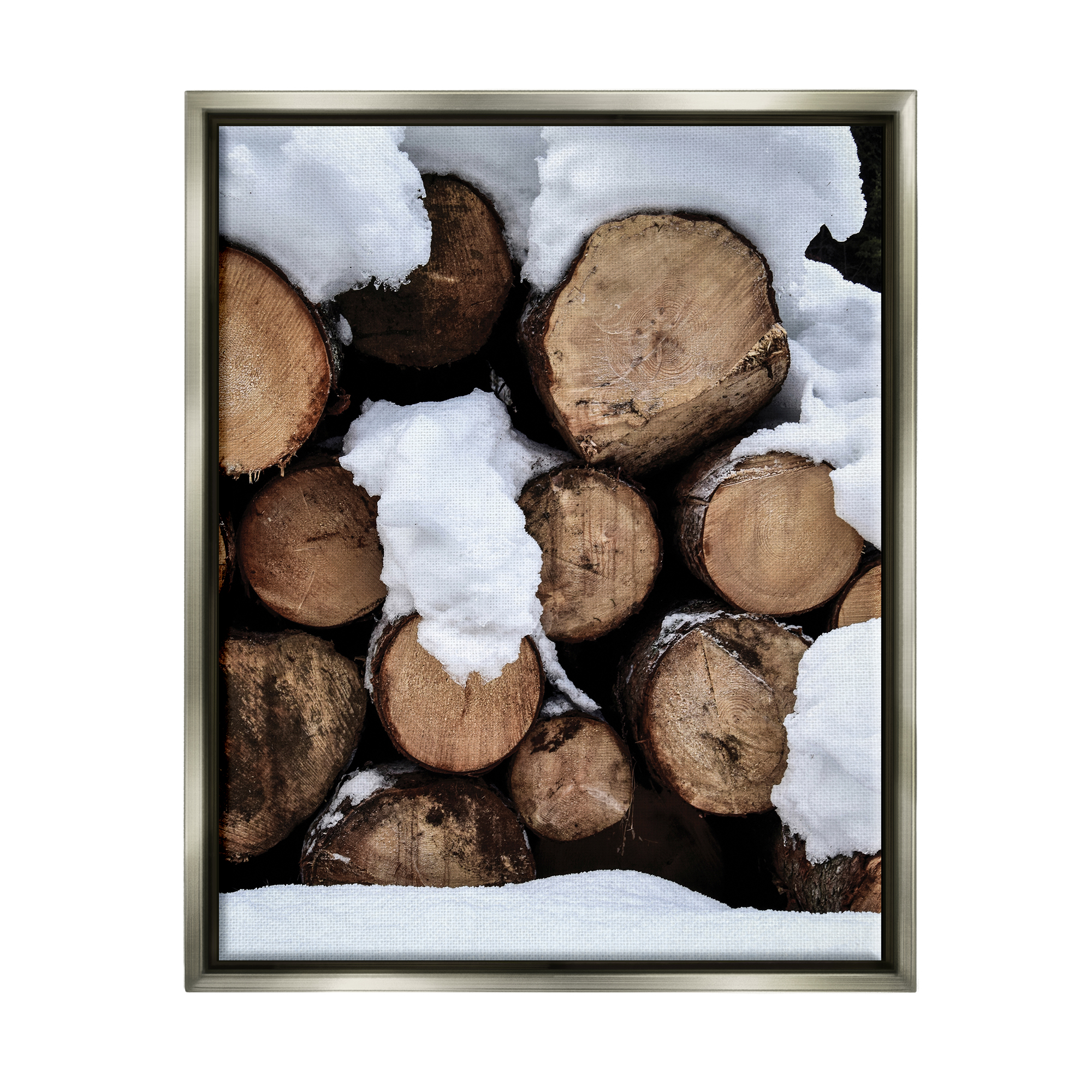 Stupell Industries Winter Snowy Logs Landscape Photography Gray Floater Framed Canvas Art Print Wall Art, 25 x 31