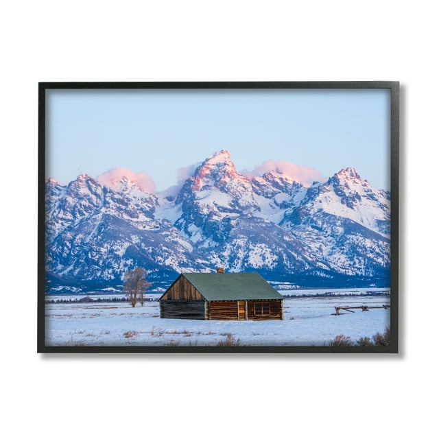 Stupell Industries Winter Snowy Peaks & Cabin Landscape Photography Black Framed Art Print Wall Art, 20 x 16