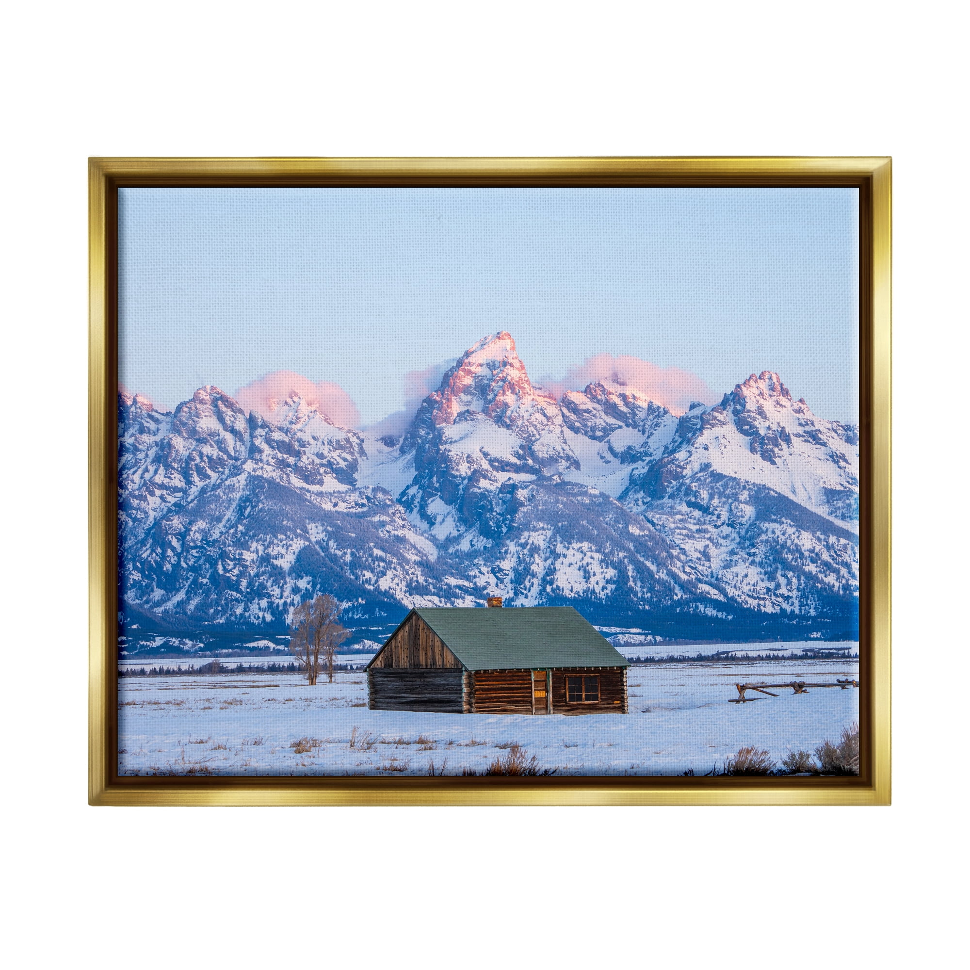 Stupell Industries Winter Snowy Peaks & Cabin Landscape Photography Gold Floater Framed Canvas Art Print Wall Art, 31 x 25