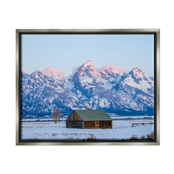 Stupell Industries Winter Snowy Peaks & Cabin Landscape Photography Gray Floater Framed Canvas Art Print Wall Art, 21 x 17