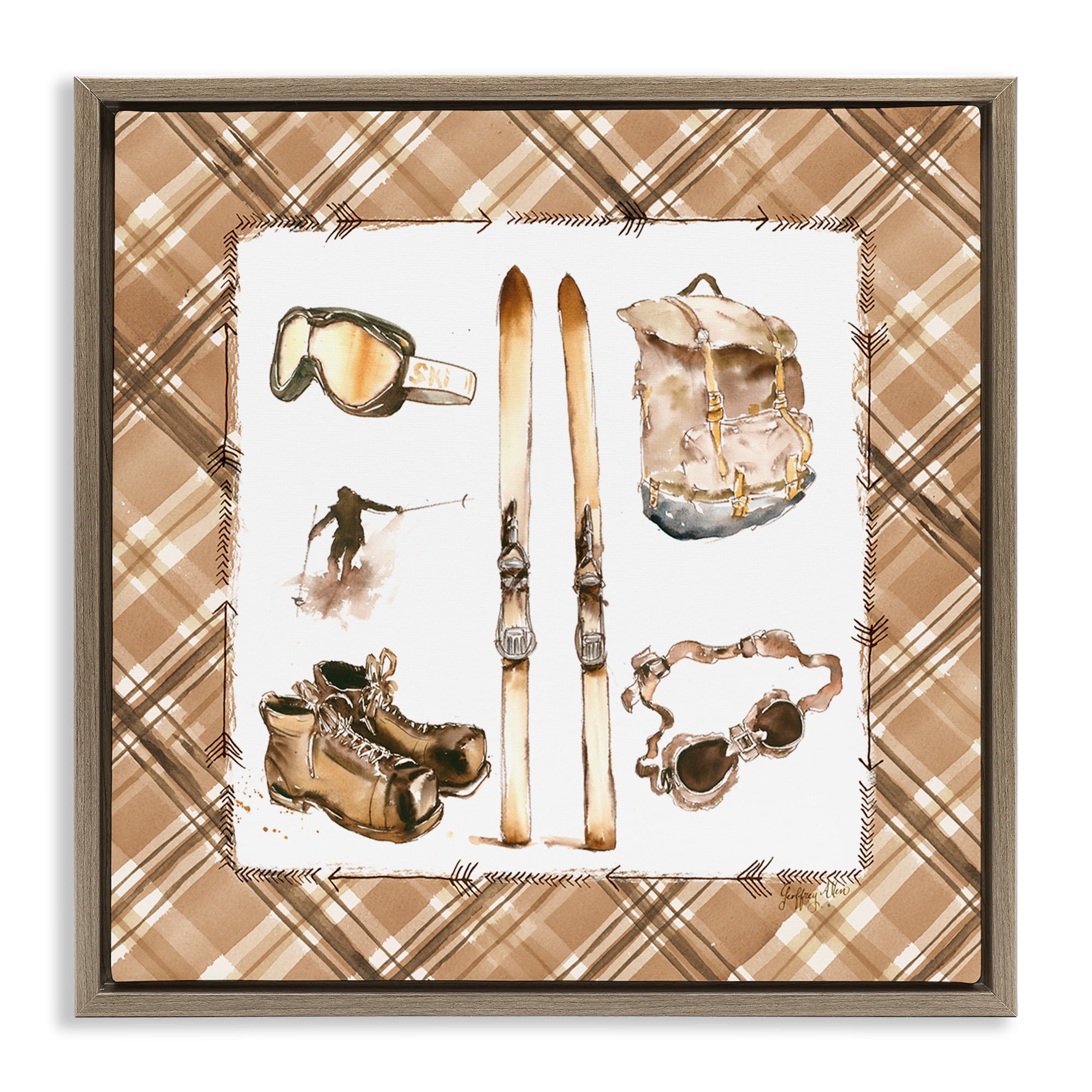 Stupell Industries Winter Sports on Plaid Sports Painting Brown Floater Framed Canvas Art Print Wall Art, 25 x 25