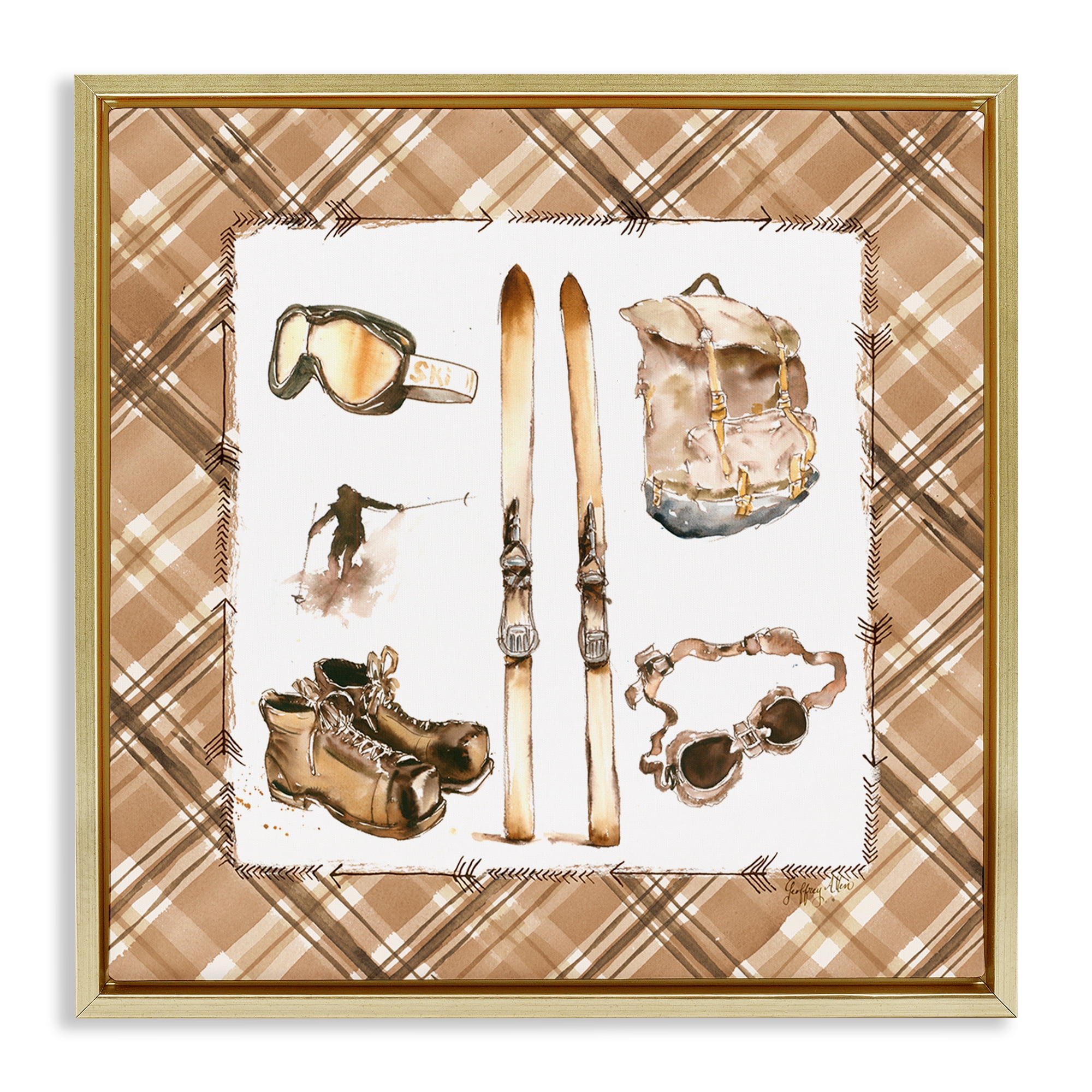 Stupell Industries Winter Sports on Plaid Sports Painting Gold Floater Framed Canvas Art Print Wall Art, 18 x 18