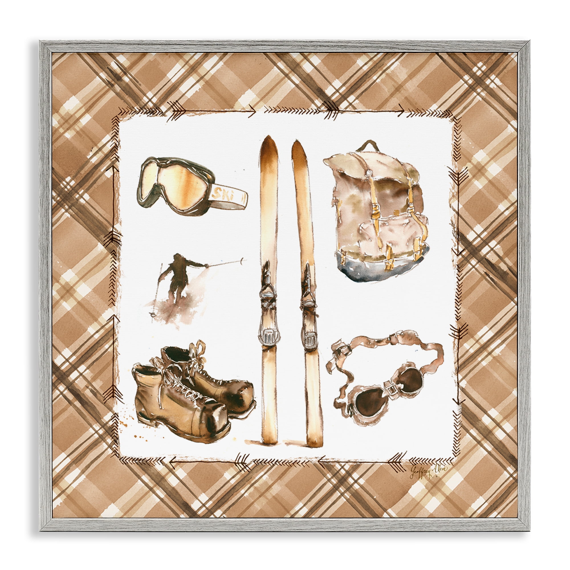 Stupell Industries Winter Sports on Plaid Sports Painting Gray Framed Art Print Wall Art, 17 x 17