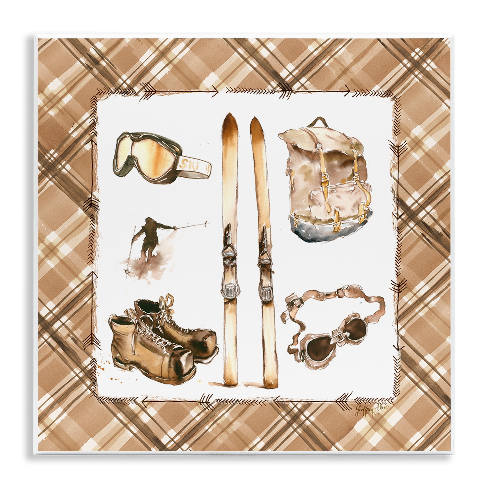 Stupell Industries Winter Sports on Plaid Sports Painting Unframed Art Print Wall Art, 12 x 12