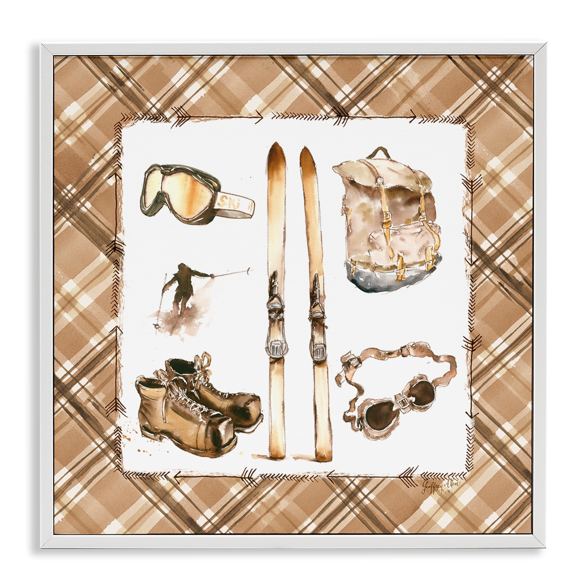 Stupell Industries Winter Sports on Plaid Sports Painting White Framed Art Print Wall Art, 24 x 24