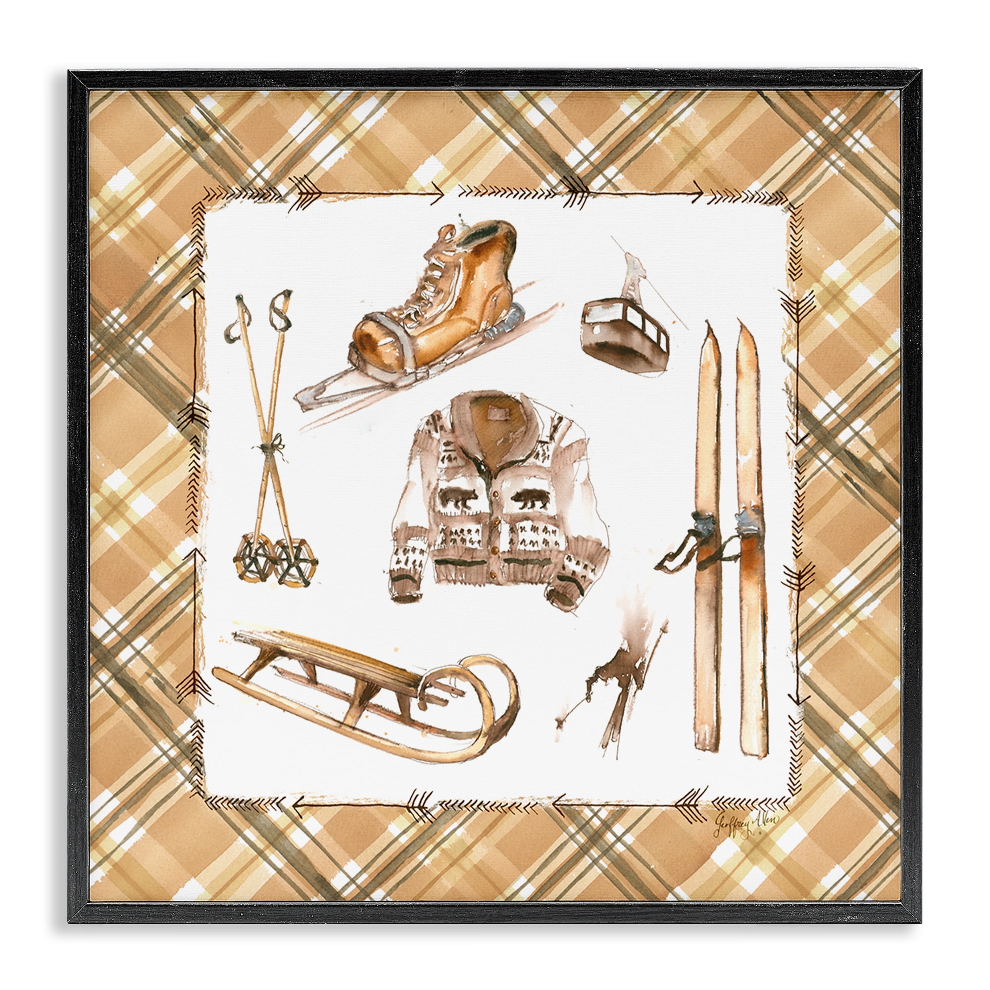 Stupell Industries Winter Sports on Tartan Sports Painting Black Framed Art Print Wall Art, 24 x 24