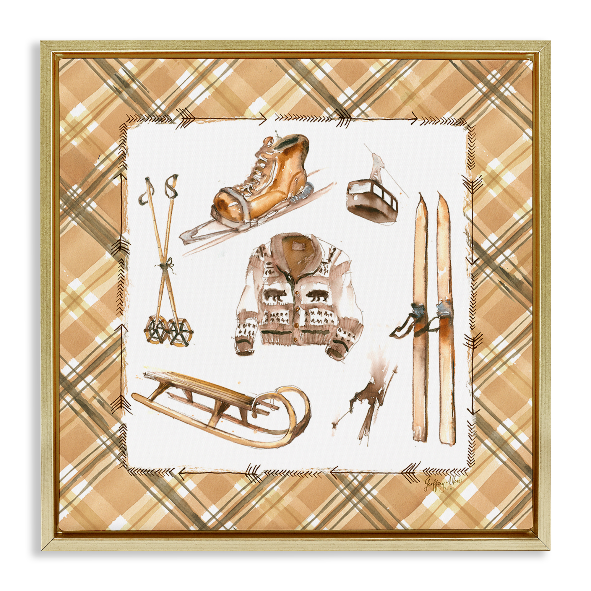 Stupell Industries Winter Sports on Tartan Sports Painting Gold Floater Framed Canvas Art Print Wall Art, 25 x 25