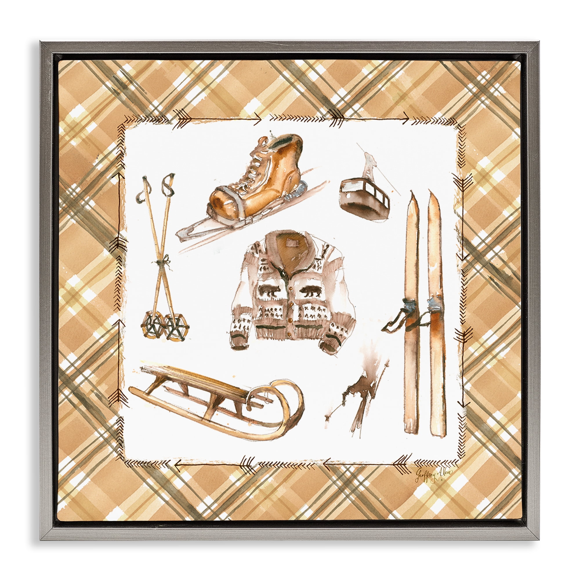 Stupell Industries Winter Sports on Tartan Sports Painting Gray Floater Framed Canvas Art Print Wall Art, 18 x 18