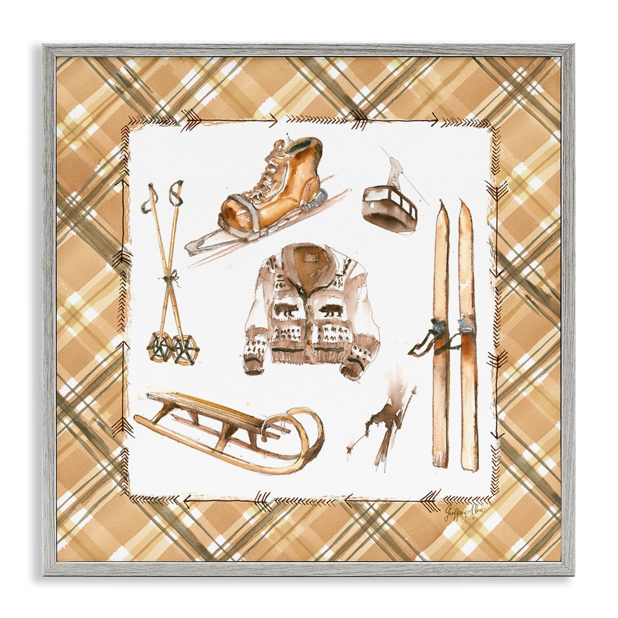 Stupell Industries Winter Sports on Tartan Sports Painting Gray Framed Art Print Wall Art, 24 x 24
