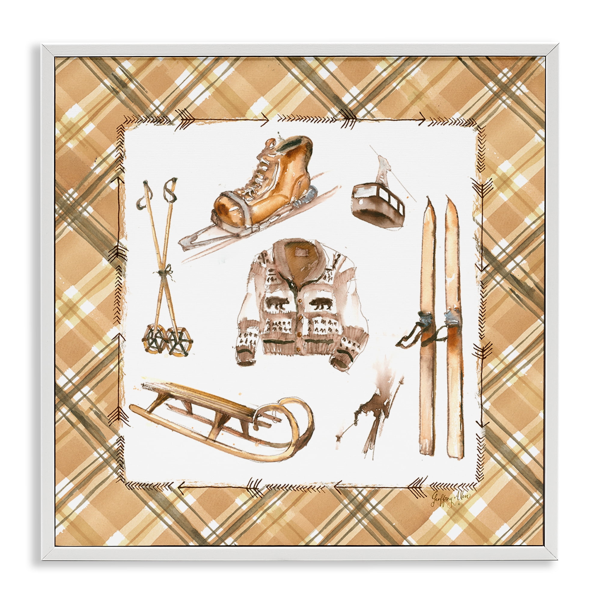 Stupell Industries Winter Sports on Tartan Sports Painting White Framed Art Print Wall Art, 17 x 17