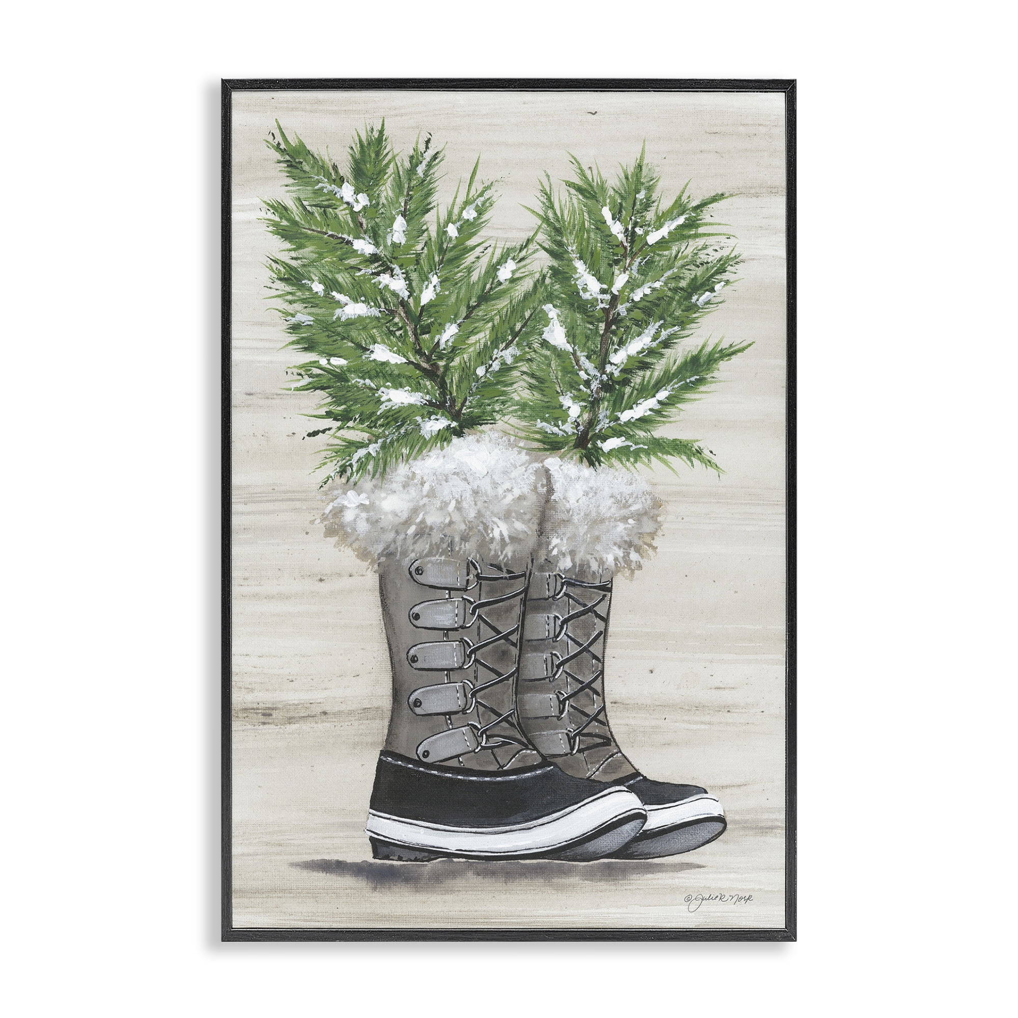 Stupell Industries Winter Sprigs in Boots Botanical & Floral Painting Black Framed Art Print Wall Art, 16 x 24
