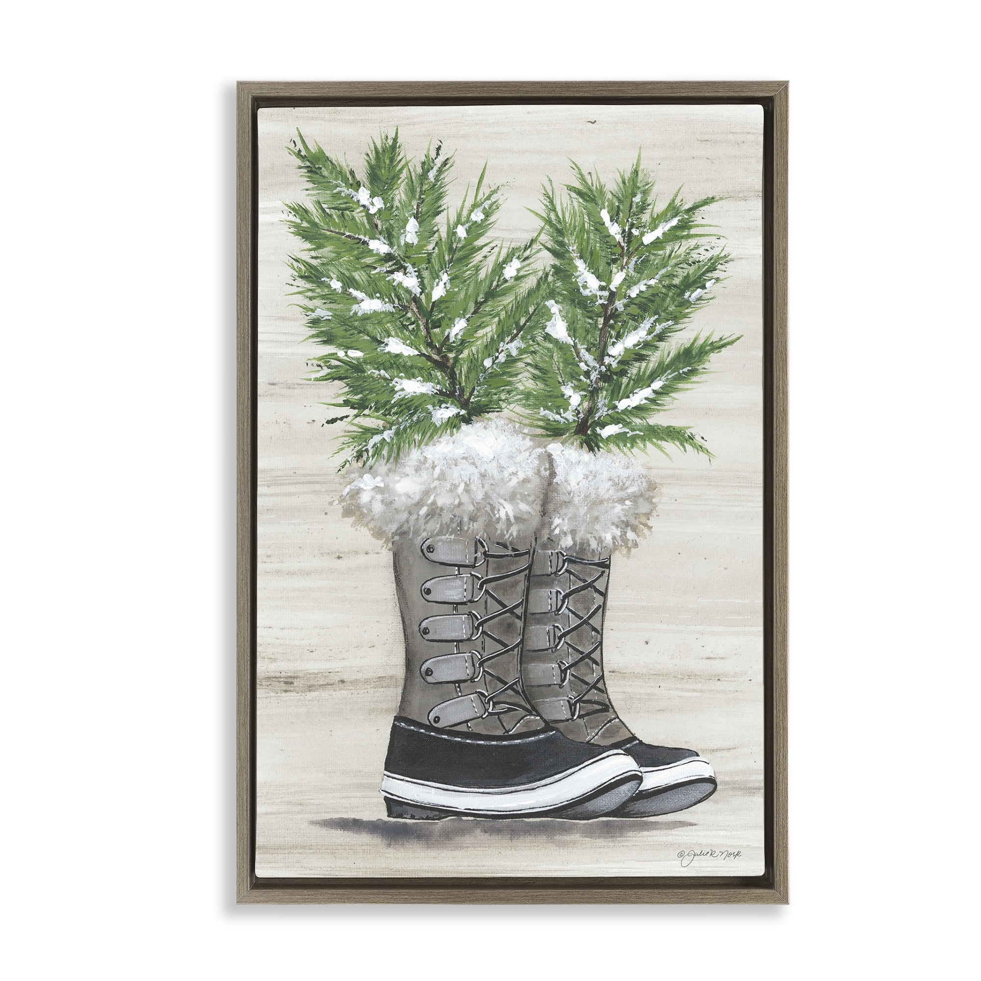Stupell Industries Winter Sprigs in Boots Botanical & Floral Painting Brown Floater Framed Art Print Wall Art, 17 x 25