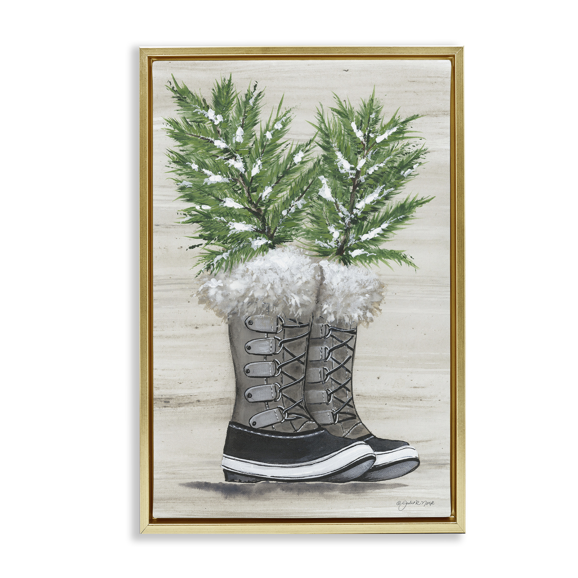 Stupell Industries Winter Sprigs in Boots Botanical & Floral Painting Gold Floater Framed Art Print Wall Art, 21 x 31