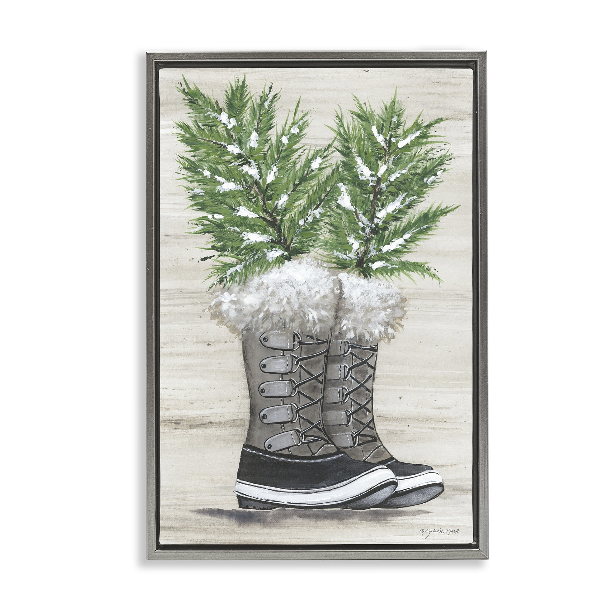 Stupell Industries Winter Sprigs in Boots Botanical & Floral Painting Gray Floater Framed Art Print Wall Art, 21 x 31