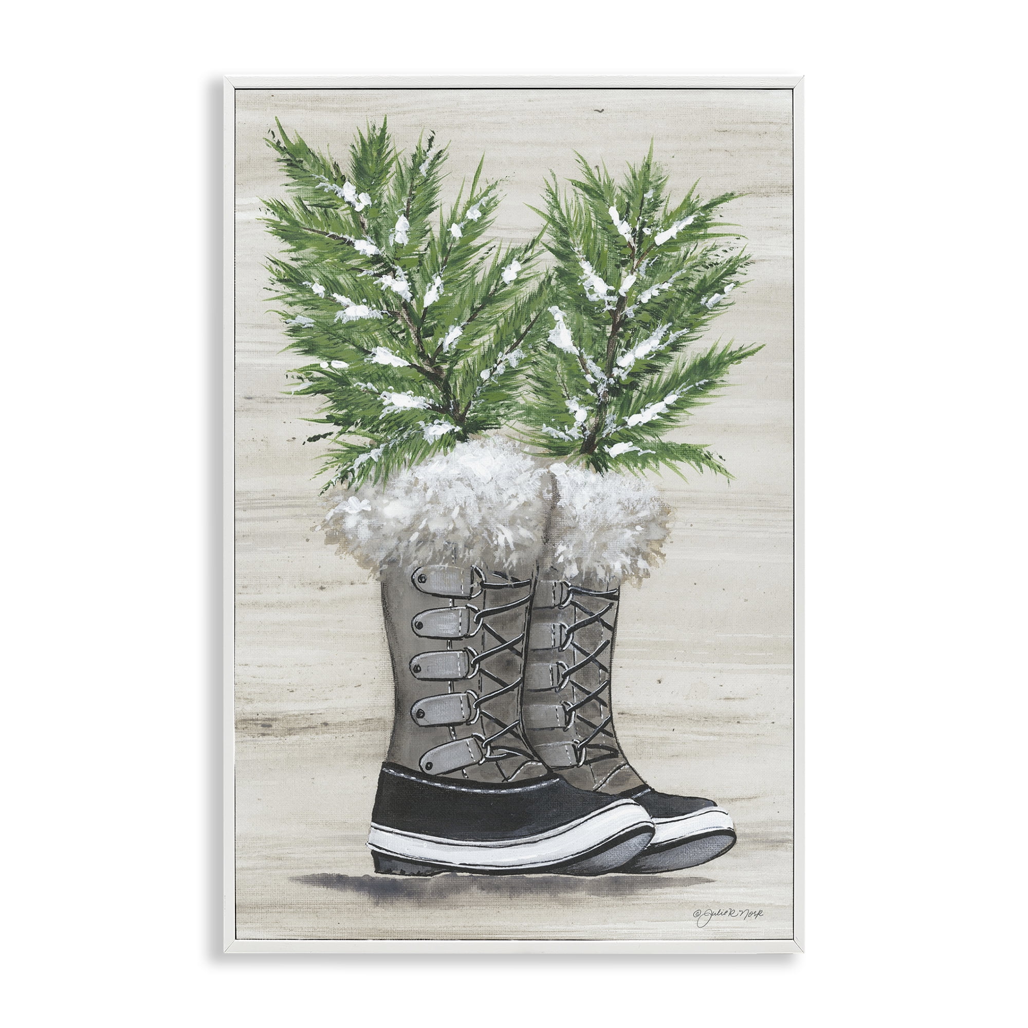 Stupell Industries Winter Sprigs in Boots Botanical & Floral Painting White Framed Art Print Wall Art, 12 x 18