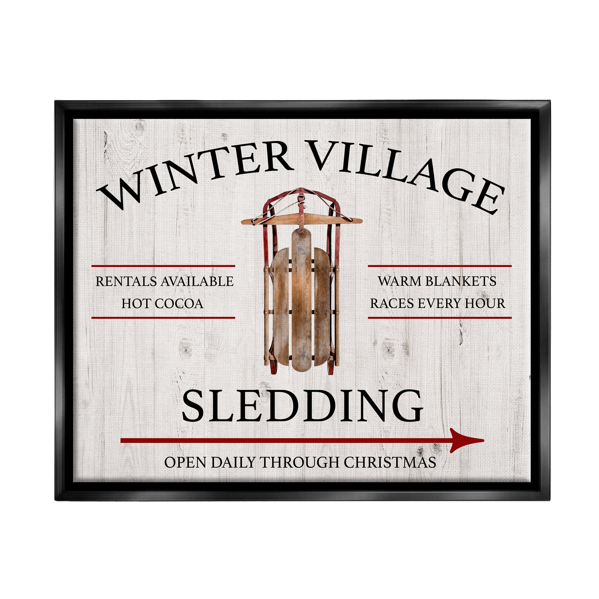 Stupell Industries Winter Village Sledding Holiday Painting Black Floater Framed Canvas Art Print Wall Art, 31 x 25