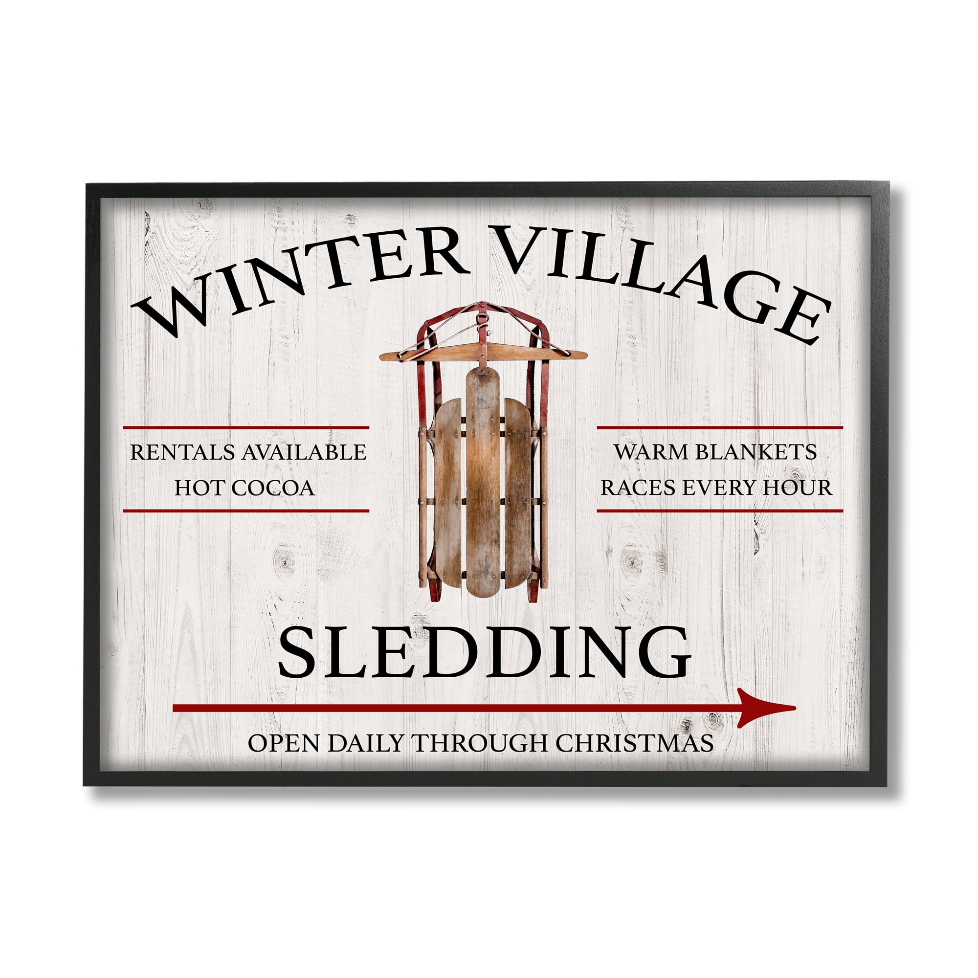 Stupell Industries Winter Village Sledding Holiday Painting Black Framed Art Print Wall Art, 30 x 24