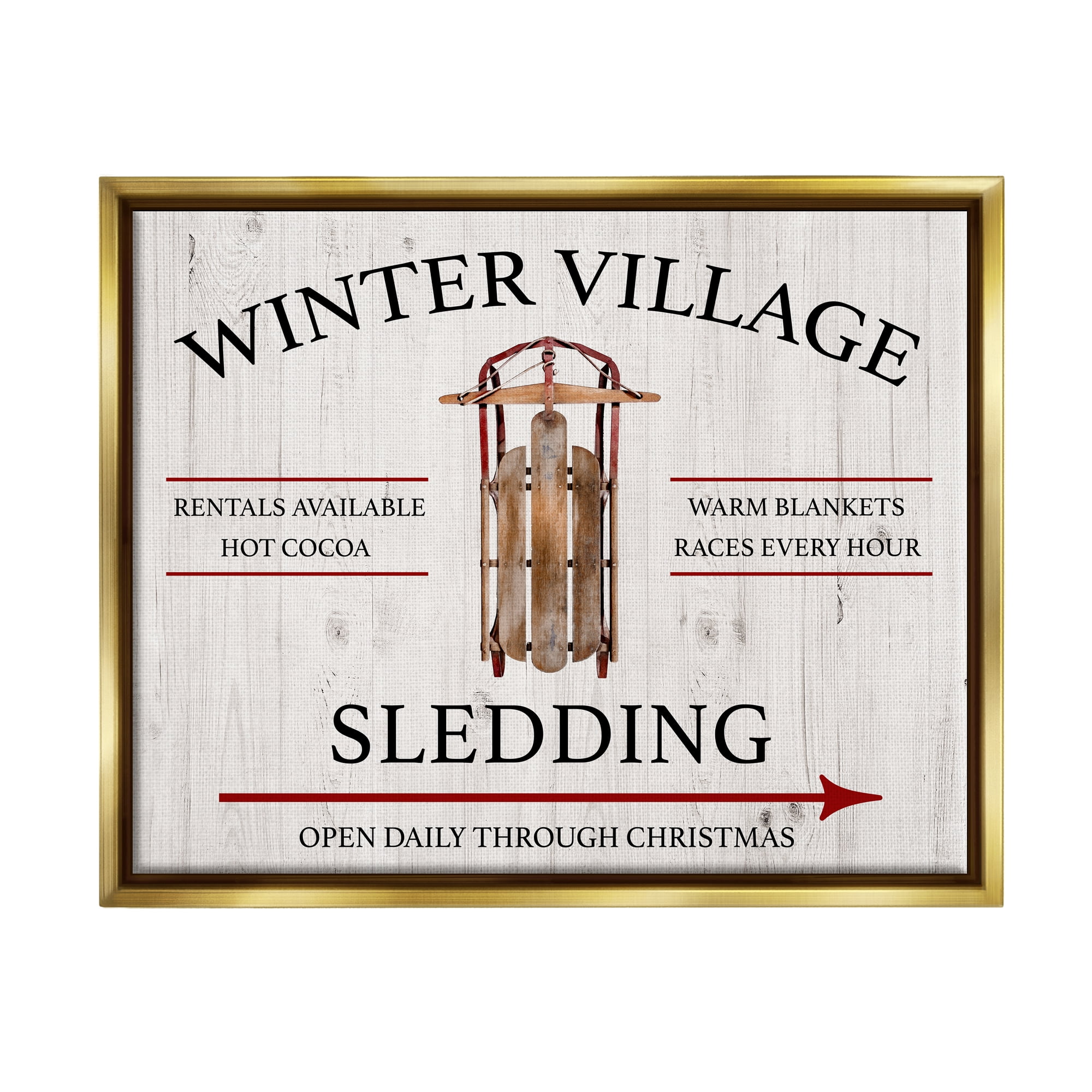 Stupell Industries Winter Village Sledding Holiday Painting Gold Floater Framed Canvas Art Print Wall Art, 31 x 25