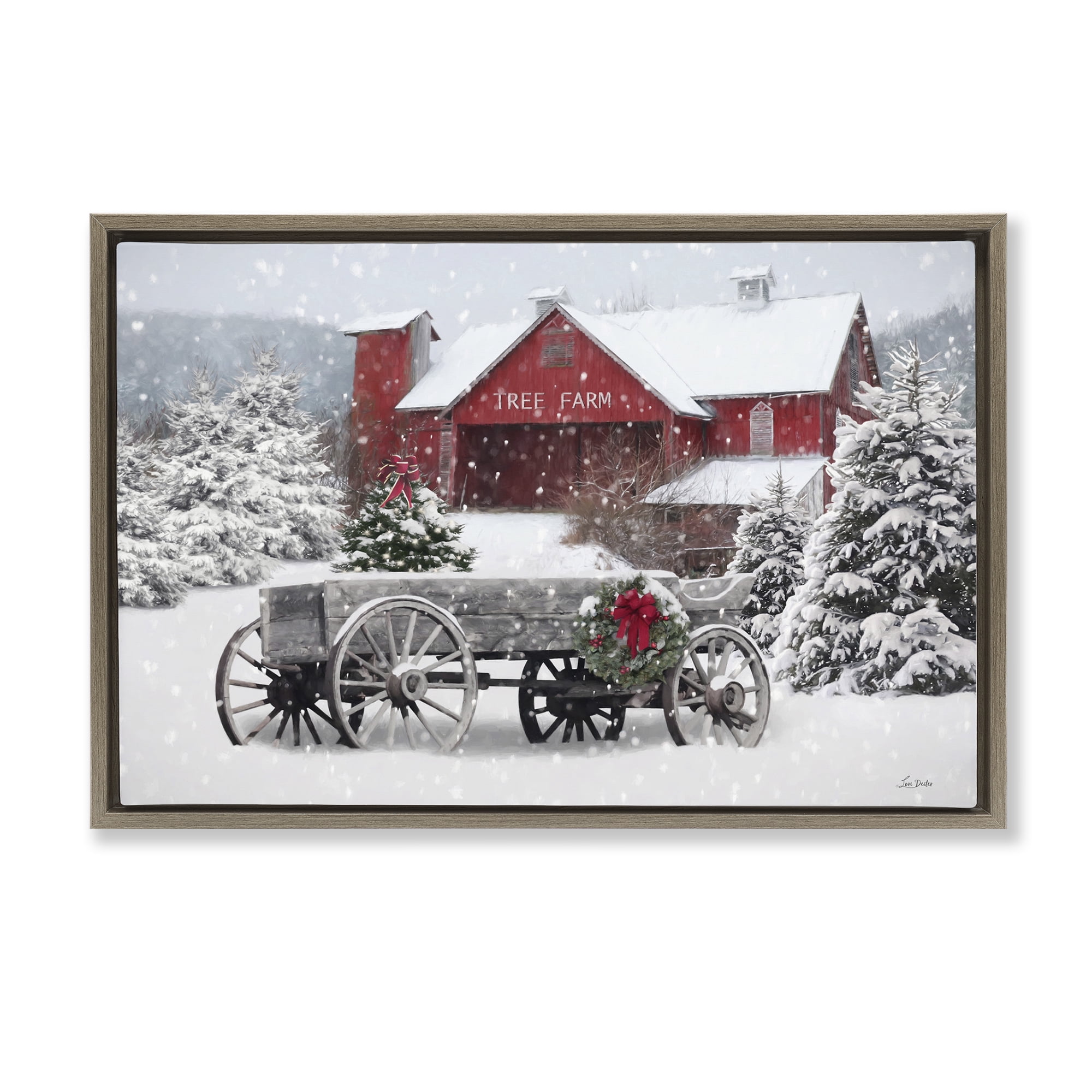 Stupell Industries Winter Wagon & Barn Holiday Painting Brown Floater Framed Canvas Art Prints Wall Art, 31 x 21