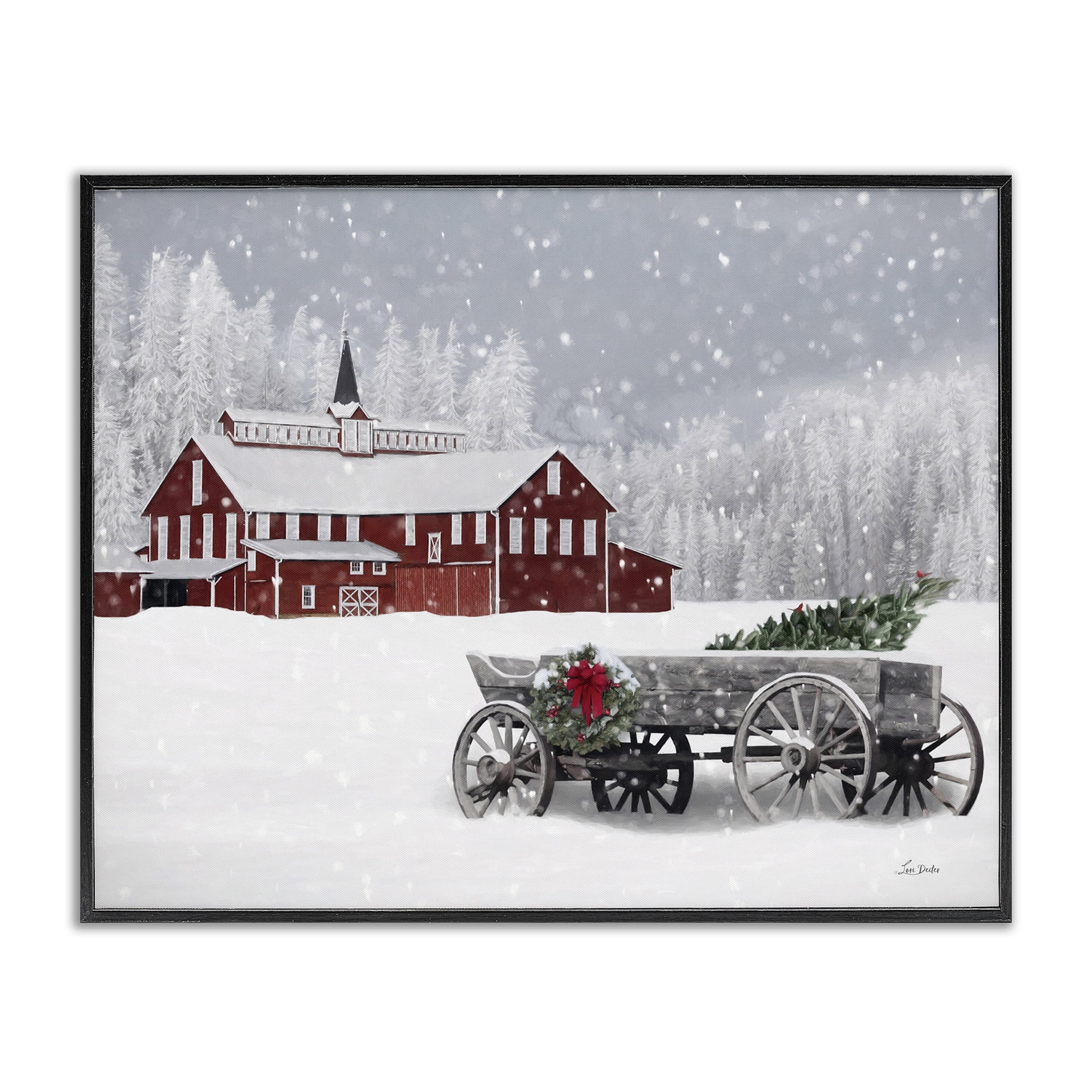 Stupell Industries Winter Wagon Scene Holiday Painting Black Framed Art Print Wall Art, 20 x 16