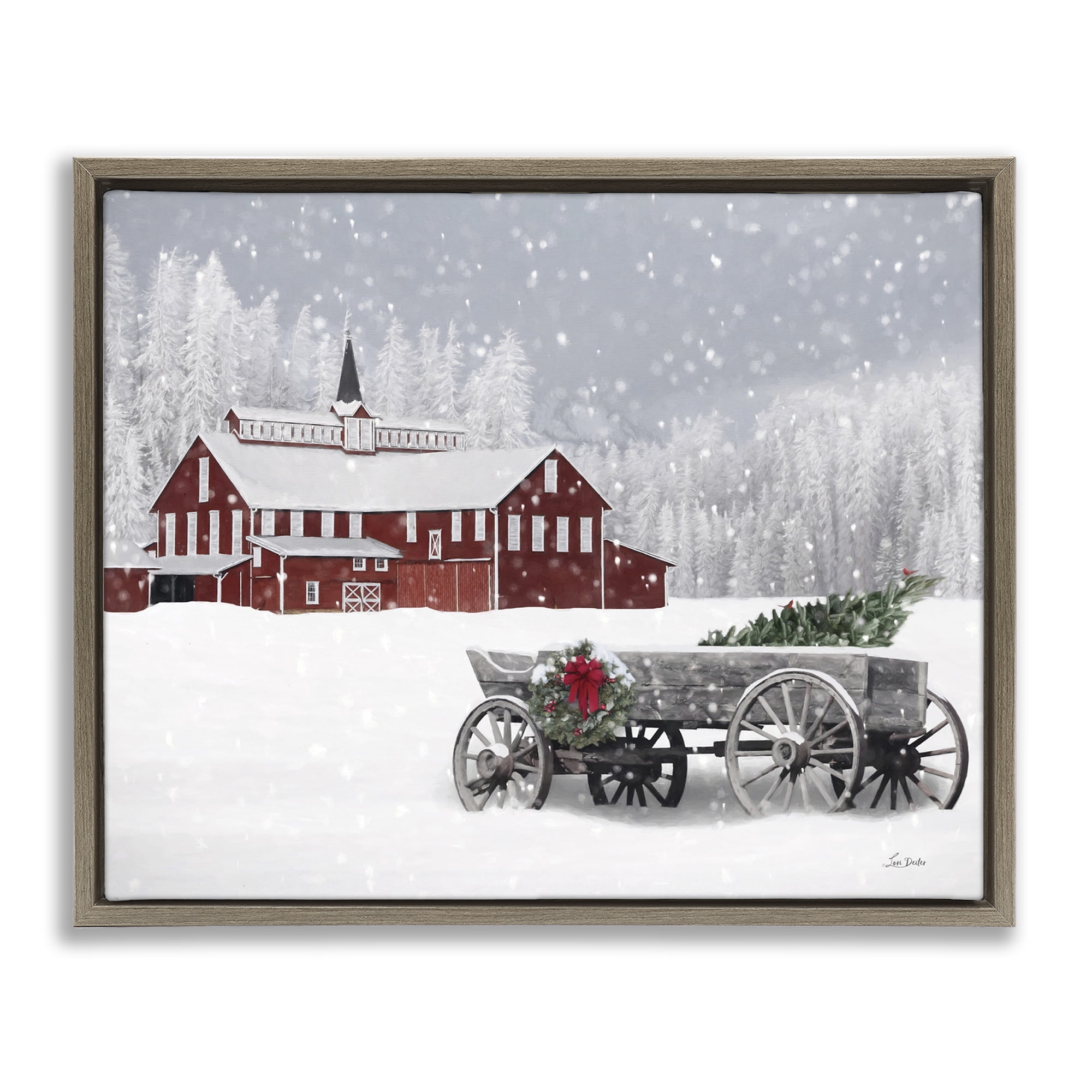 Stupell Industries Winter Wagon Scene Holiday Painting Brown Floater Framed Art Print Wall Art, 21 x 17