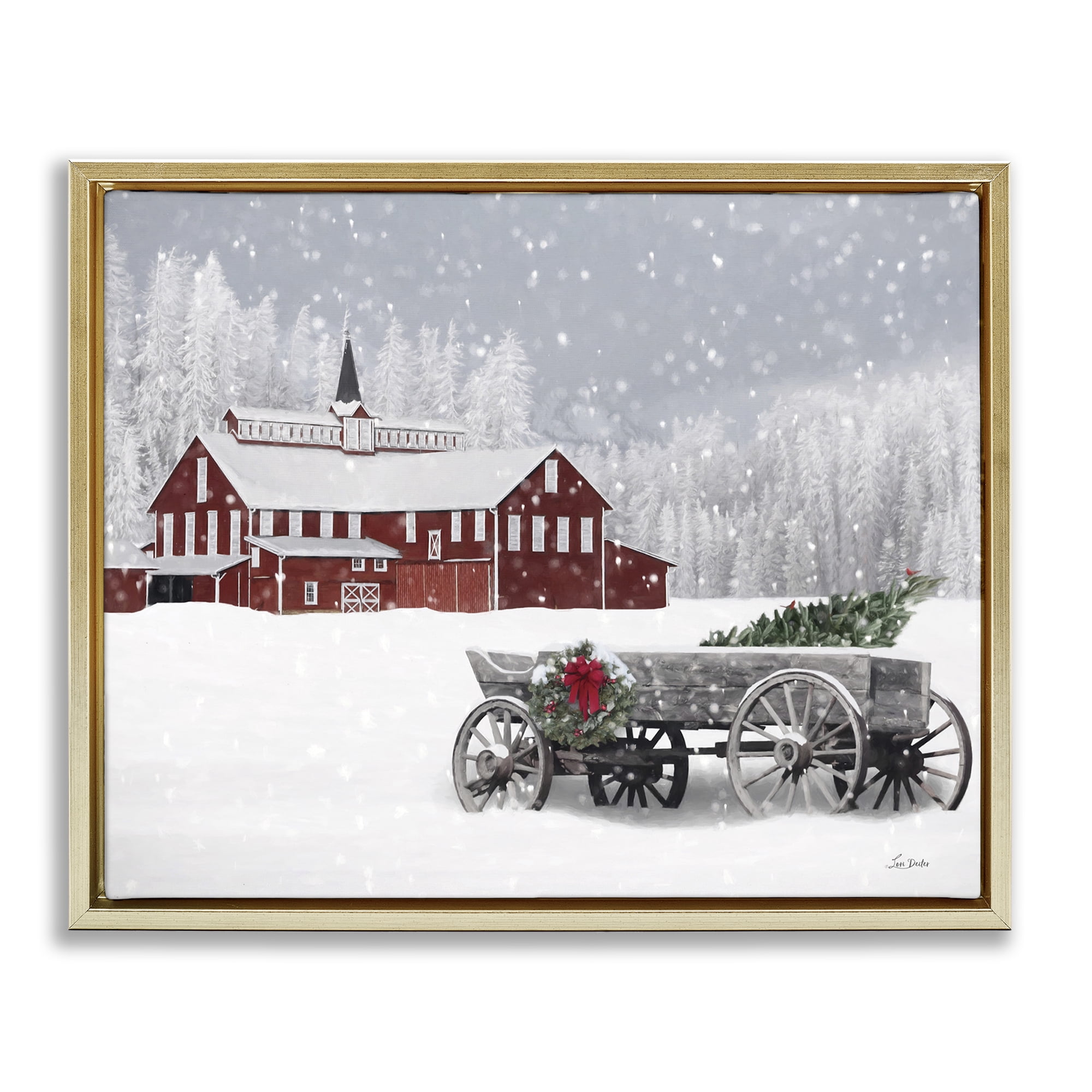 Stupell Industries Winter Wagon Scene Holiday Painting Gold Floater Framed Art Print Wall Art, 31 x 25
